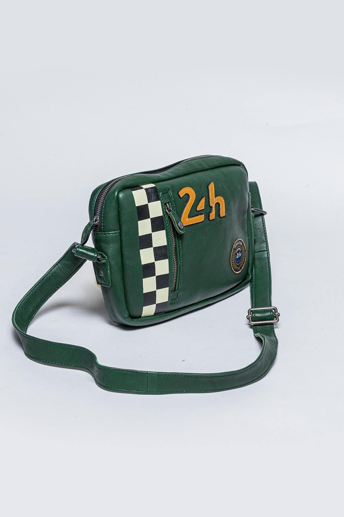 Green racing leather shoulder reporter bag - Image n°2