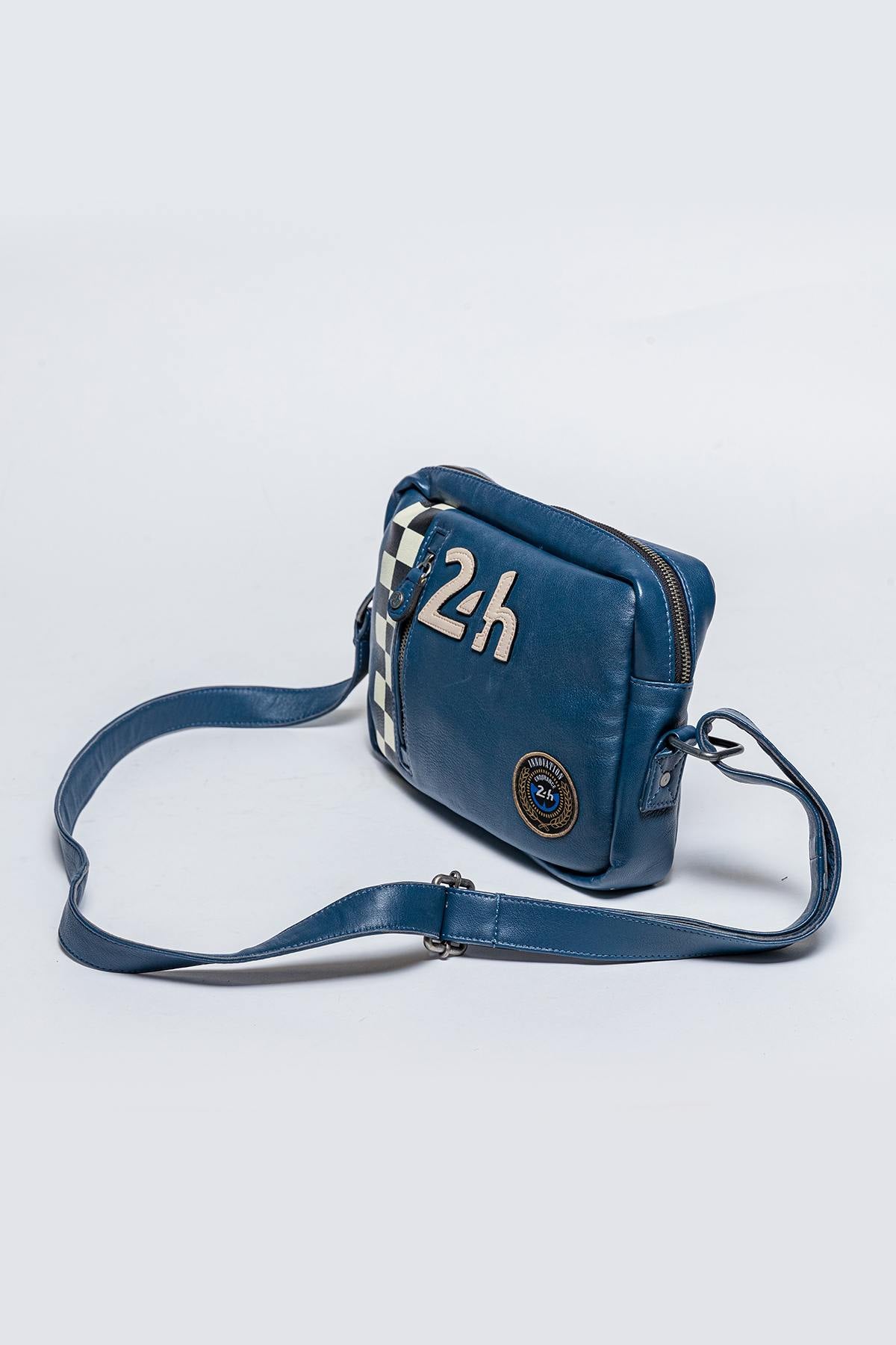 Royal Blue Racing Leather Shoulder Reporter Bag - Image n°1