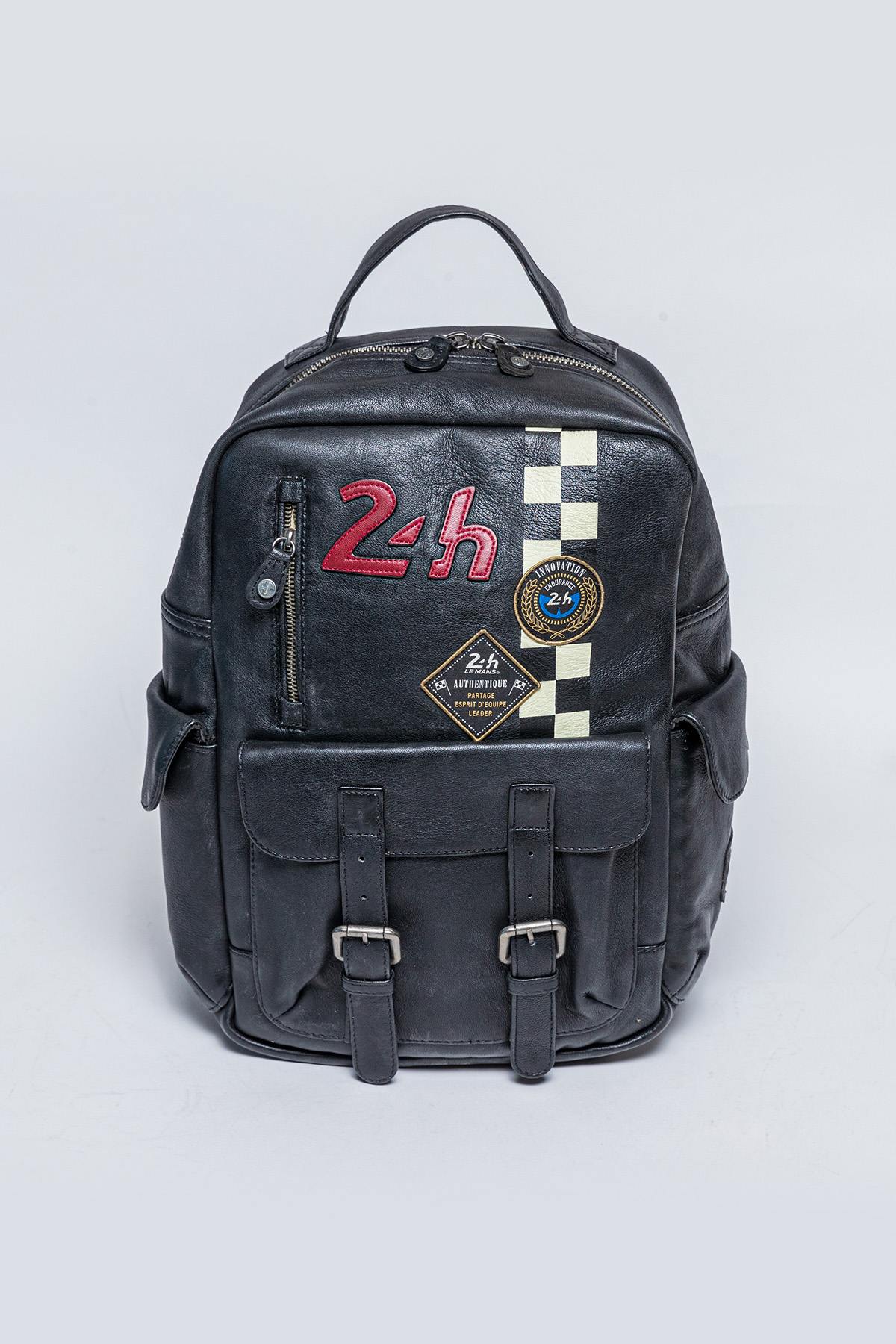 Black racing leather backpack with checkerboard - Image n°1