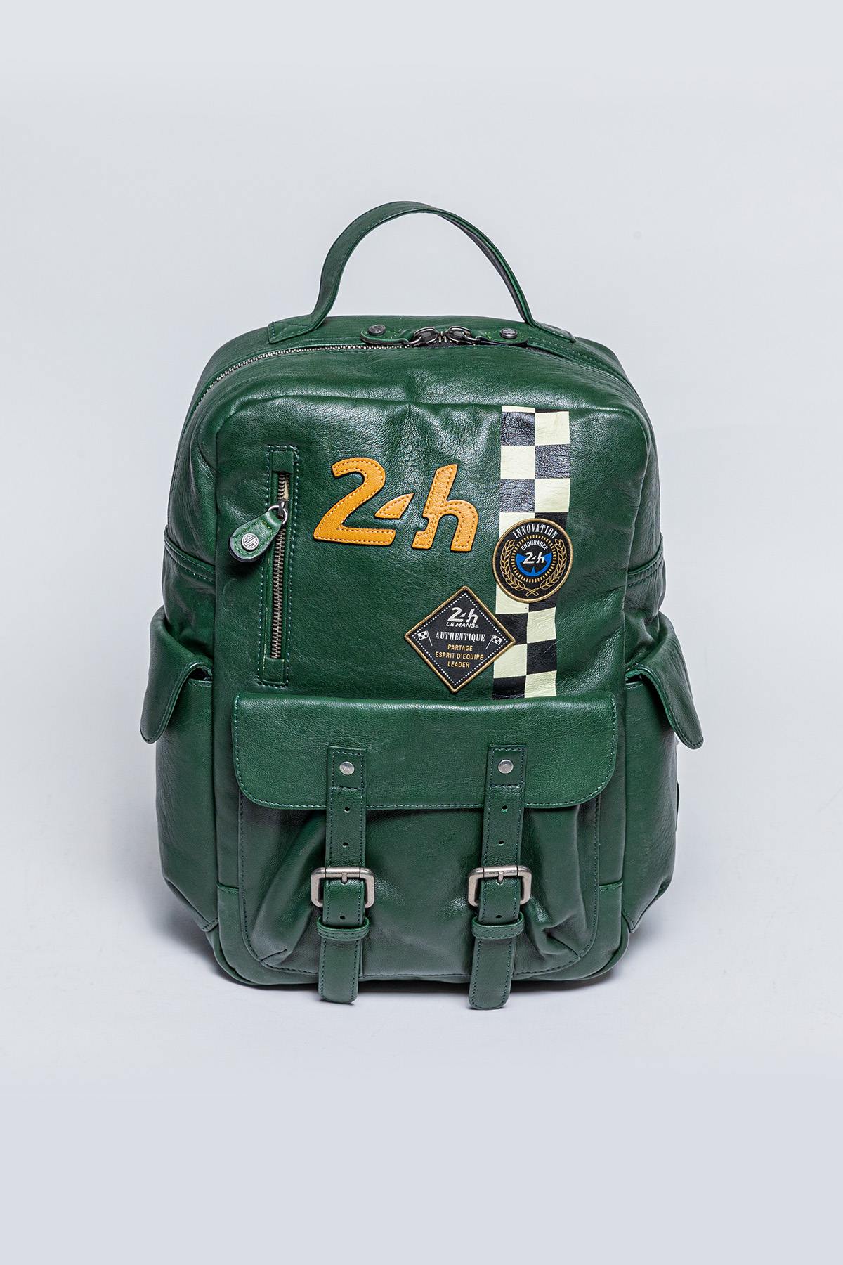 Green racing leather backpack with checkerboard - Image n°1