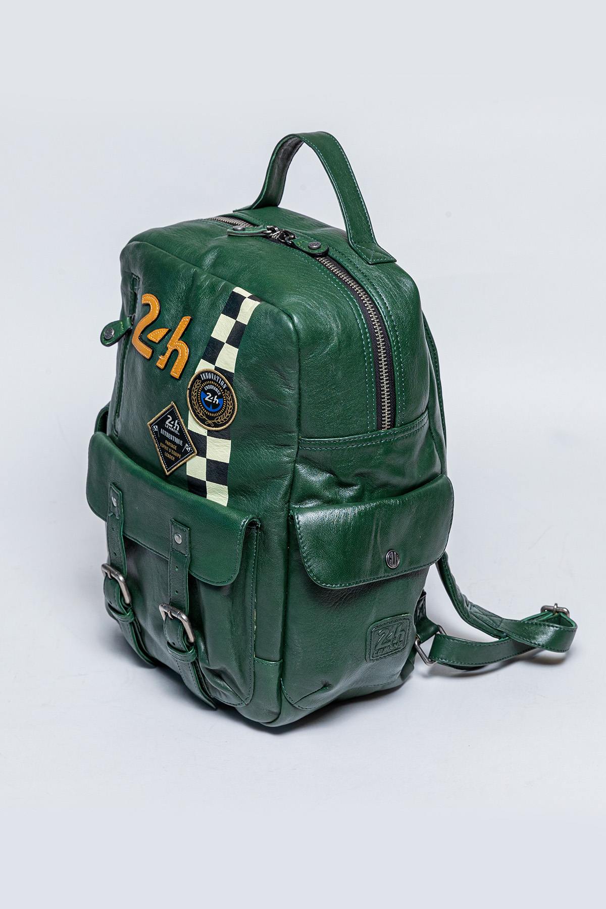 Green racing leather backpack with checkerboard - Image n°3