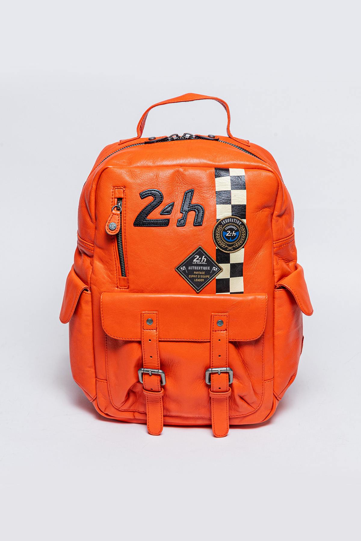 Orange racing leather backpack with checkerboard - Image n°1