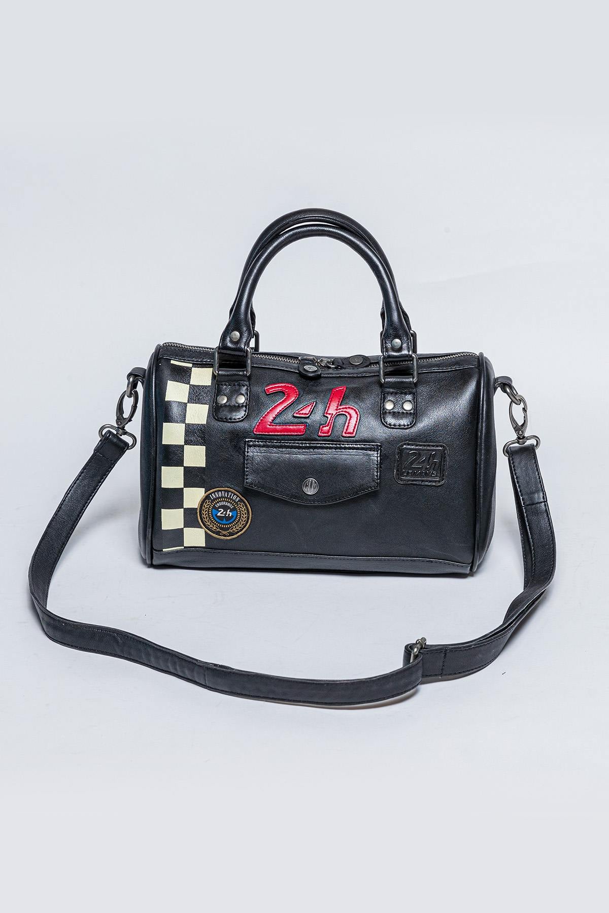 Black racing leather handbag with checkerboard - Image n°1