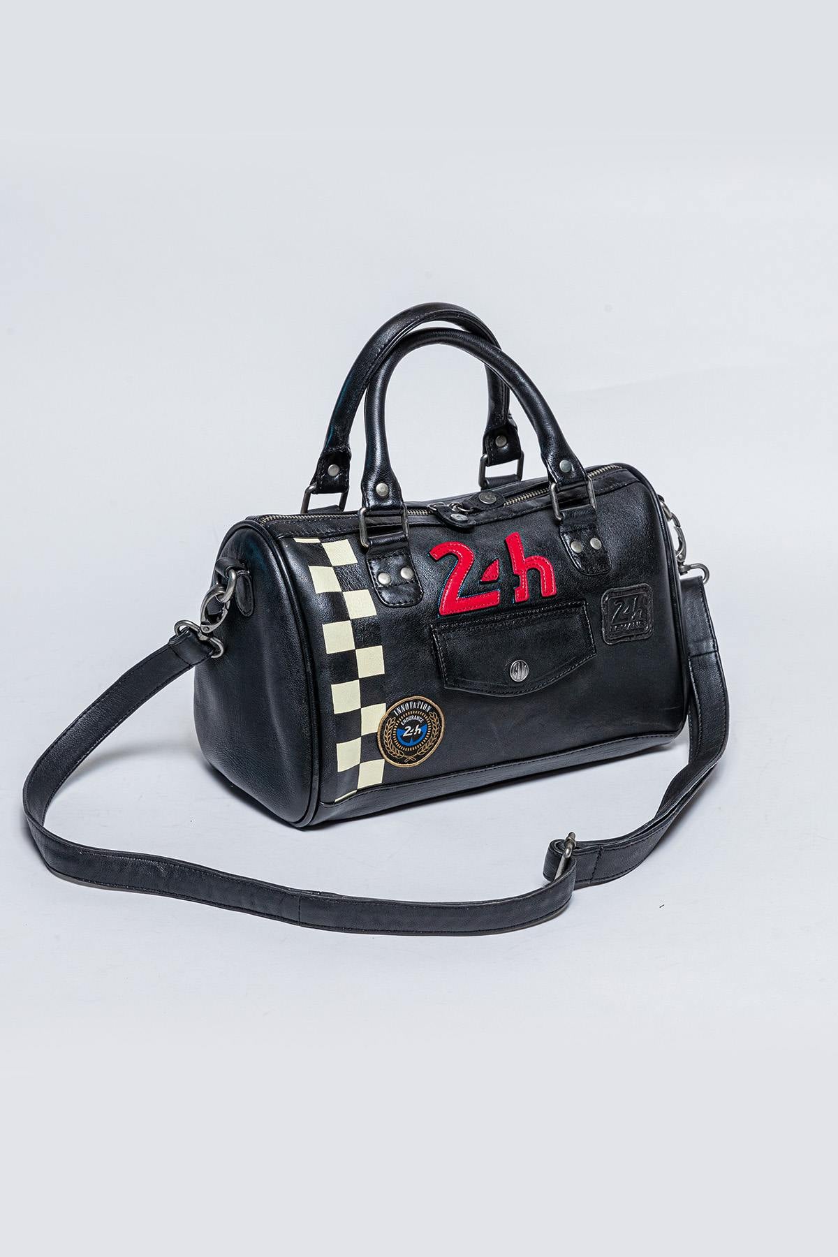 Black racing leather handbag with checkerboard - Image n°3