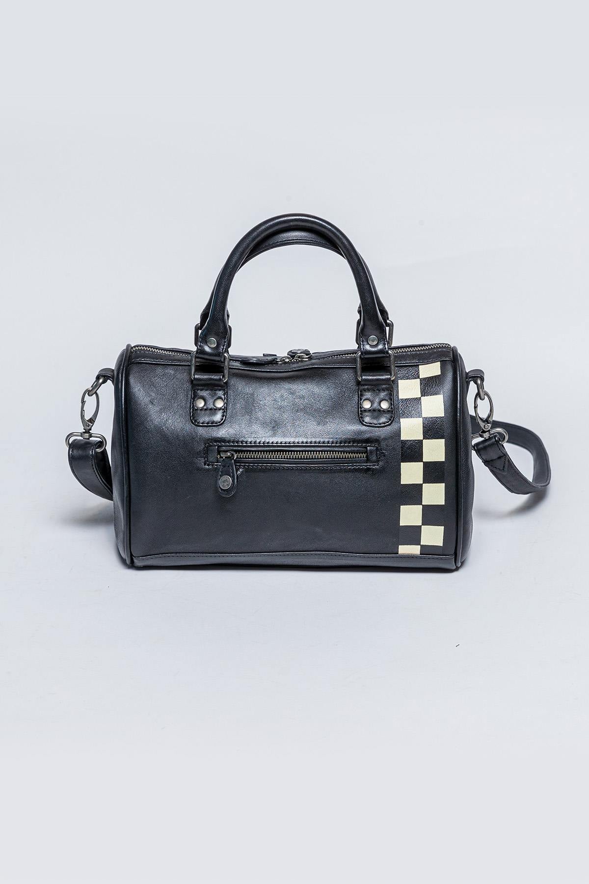 Black racing leather handbag with checkerboard - Image n°2