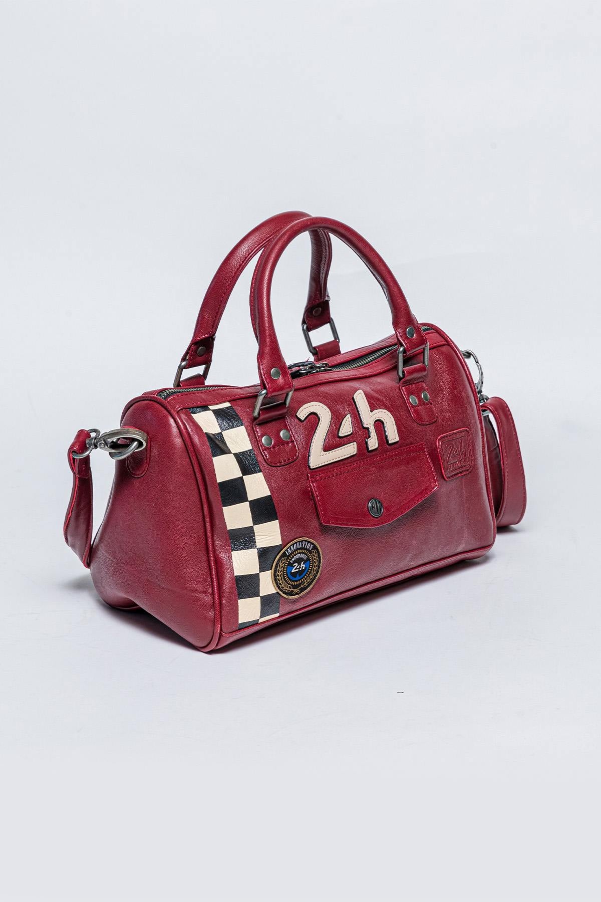 Dark red racing leather handbag with checkerboard - Image n°3