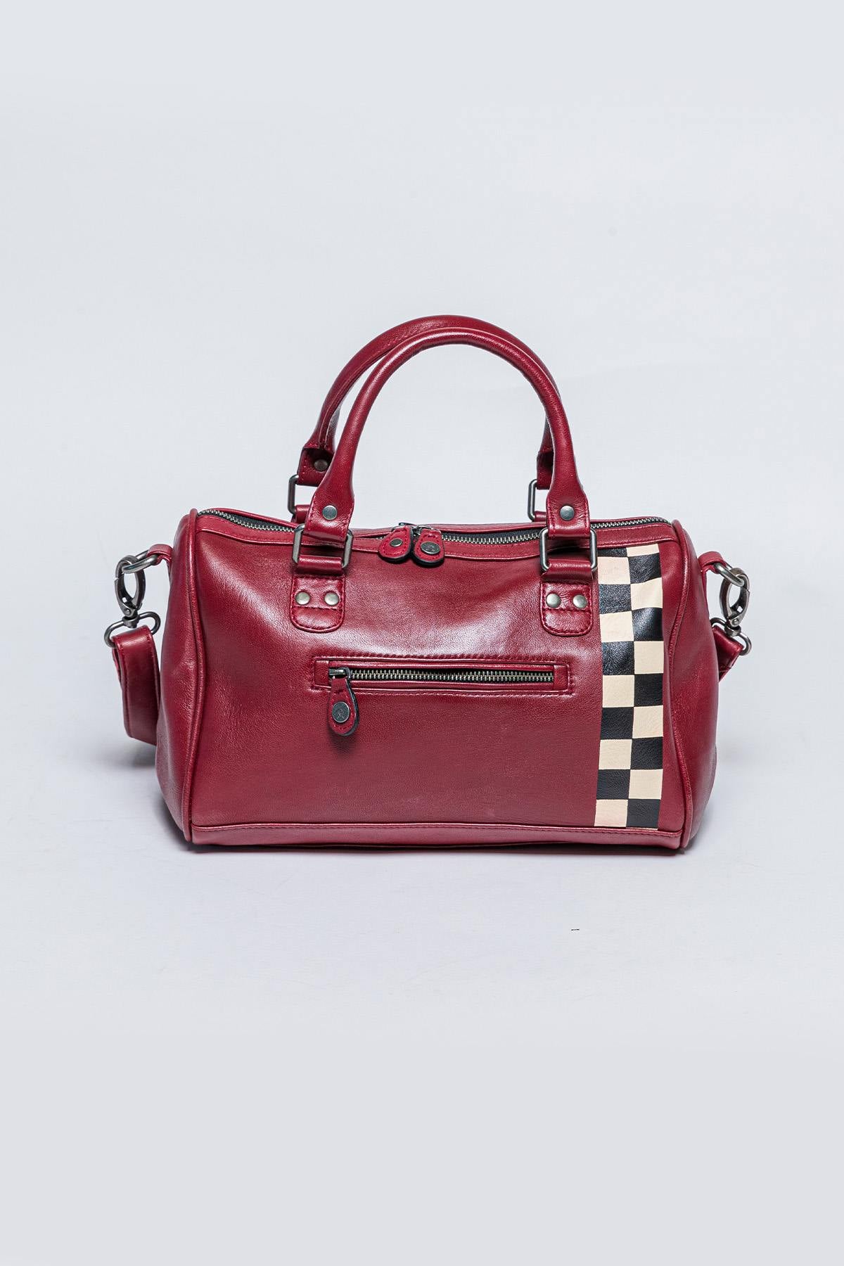 Dark red racing leather handbag with checkerboard - Image n°2