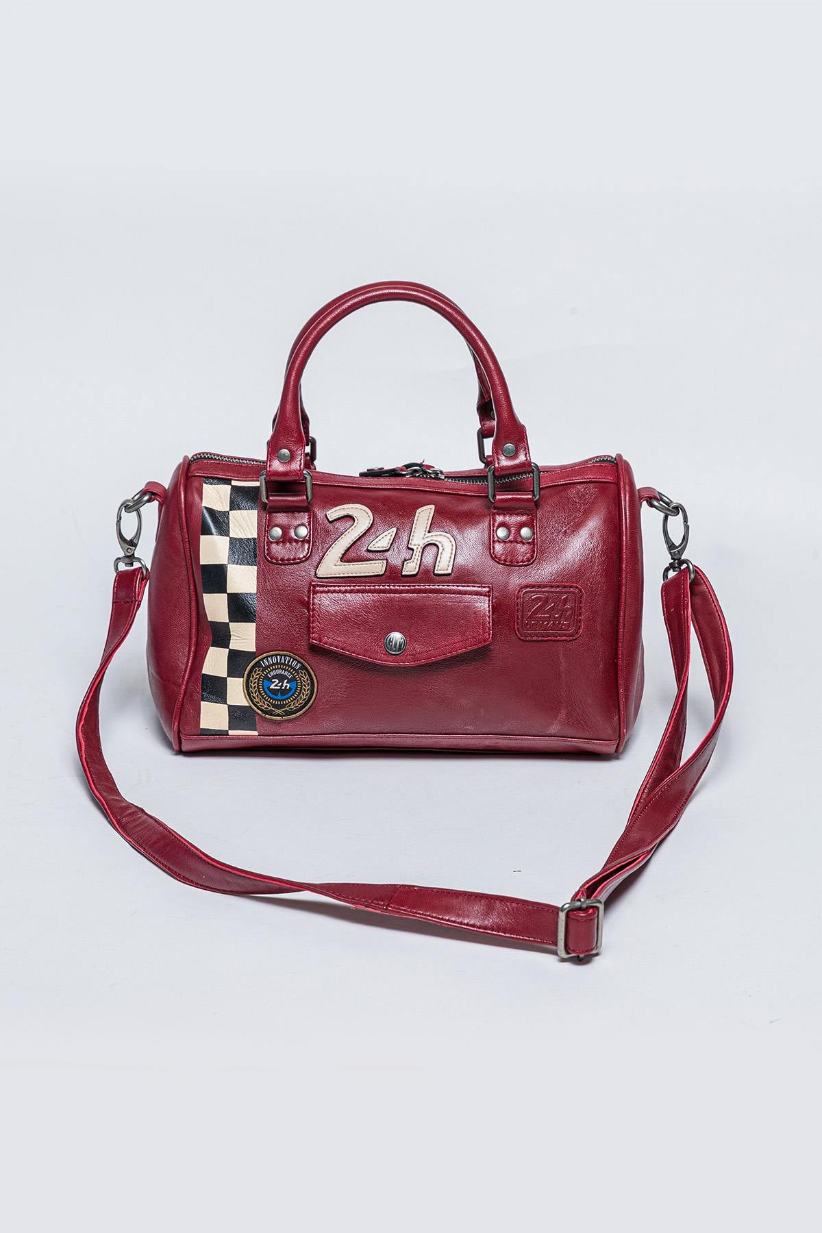 Dark red racing leather handbag with checkerboard - Image n°1