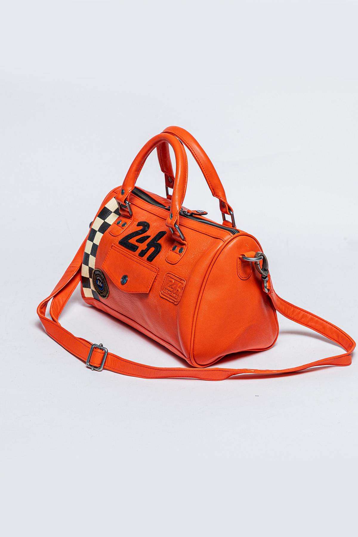 Orange racing leather handbag with checkerboard - Image n°5