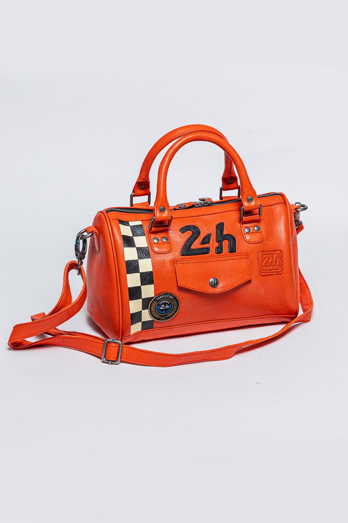 Orange racing leather handbag with checkerboard - Image n°3