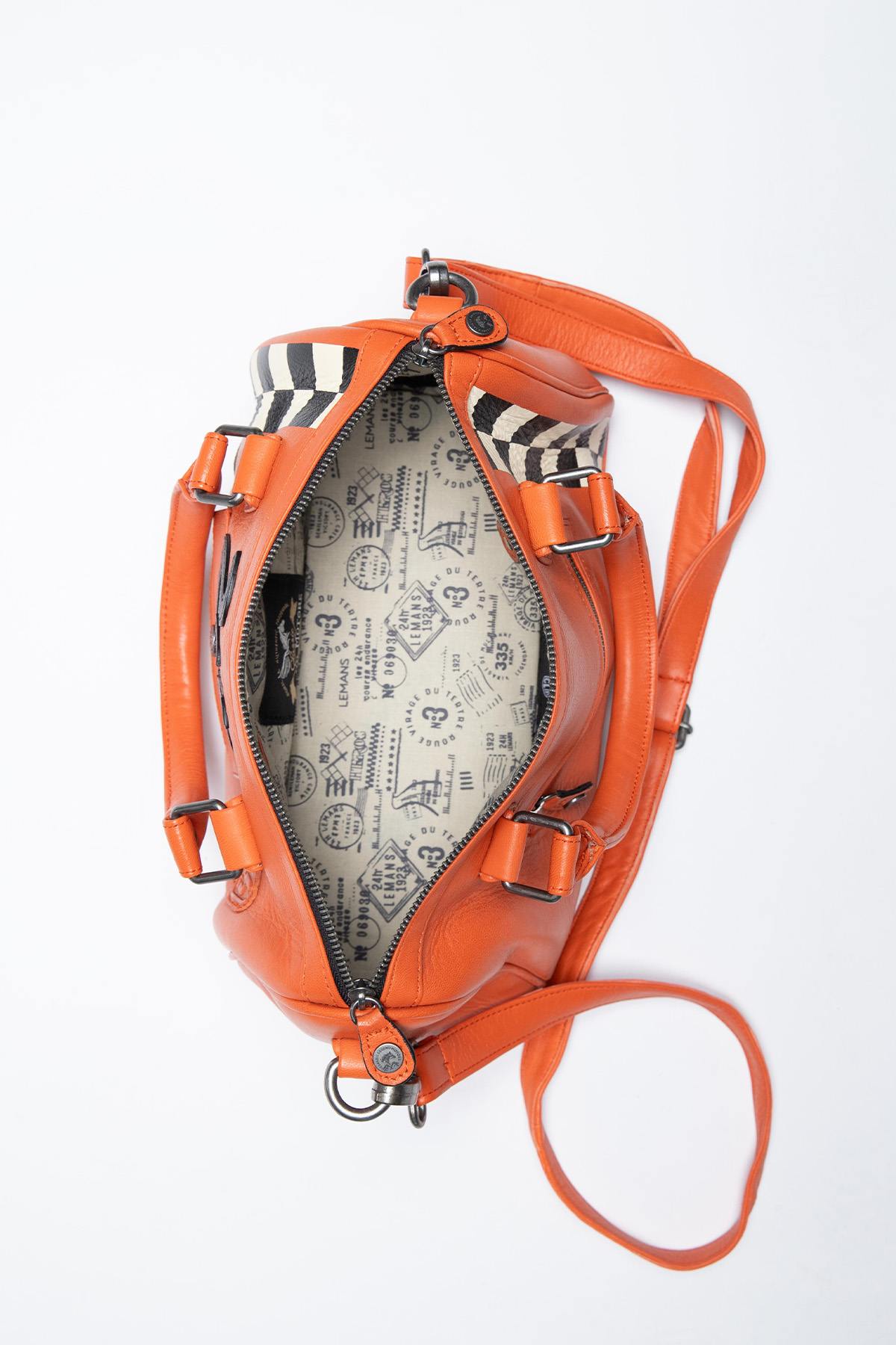 Orange racing leather handbag with checkerboard - Image n°4