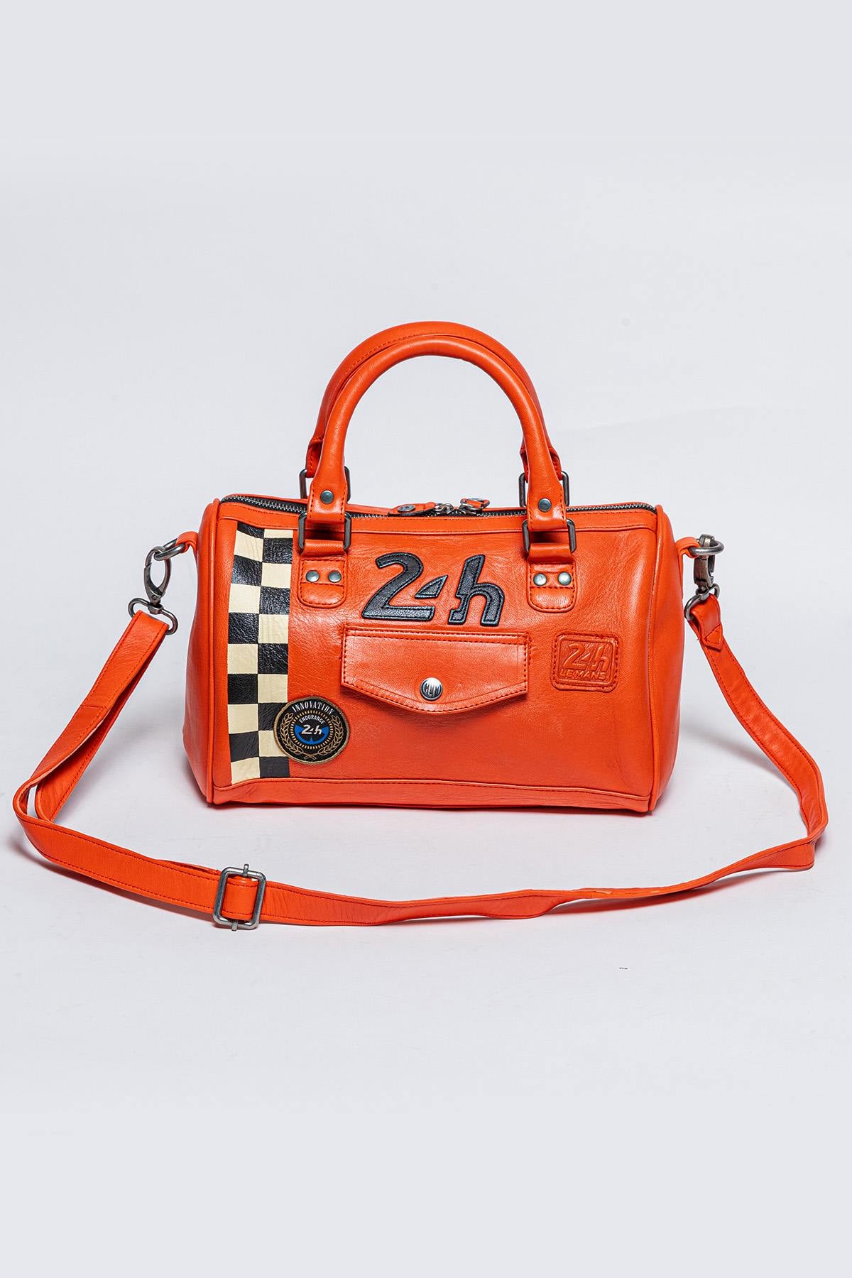 Orange racing leather handbag with checkerboard - Image n°1