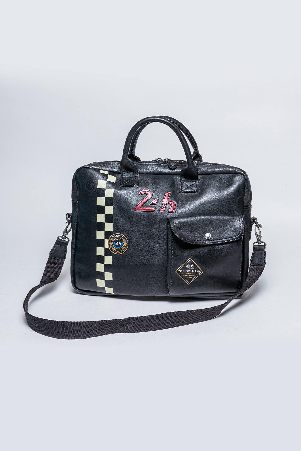 Black racing leather briefcase bag - Image n°1