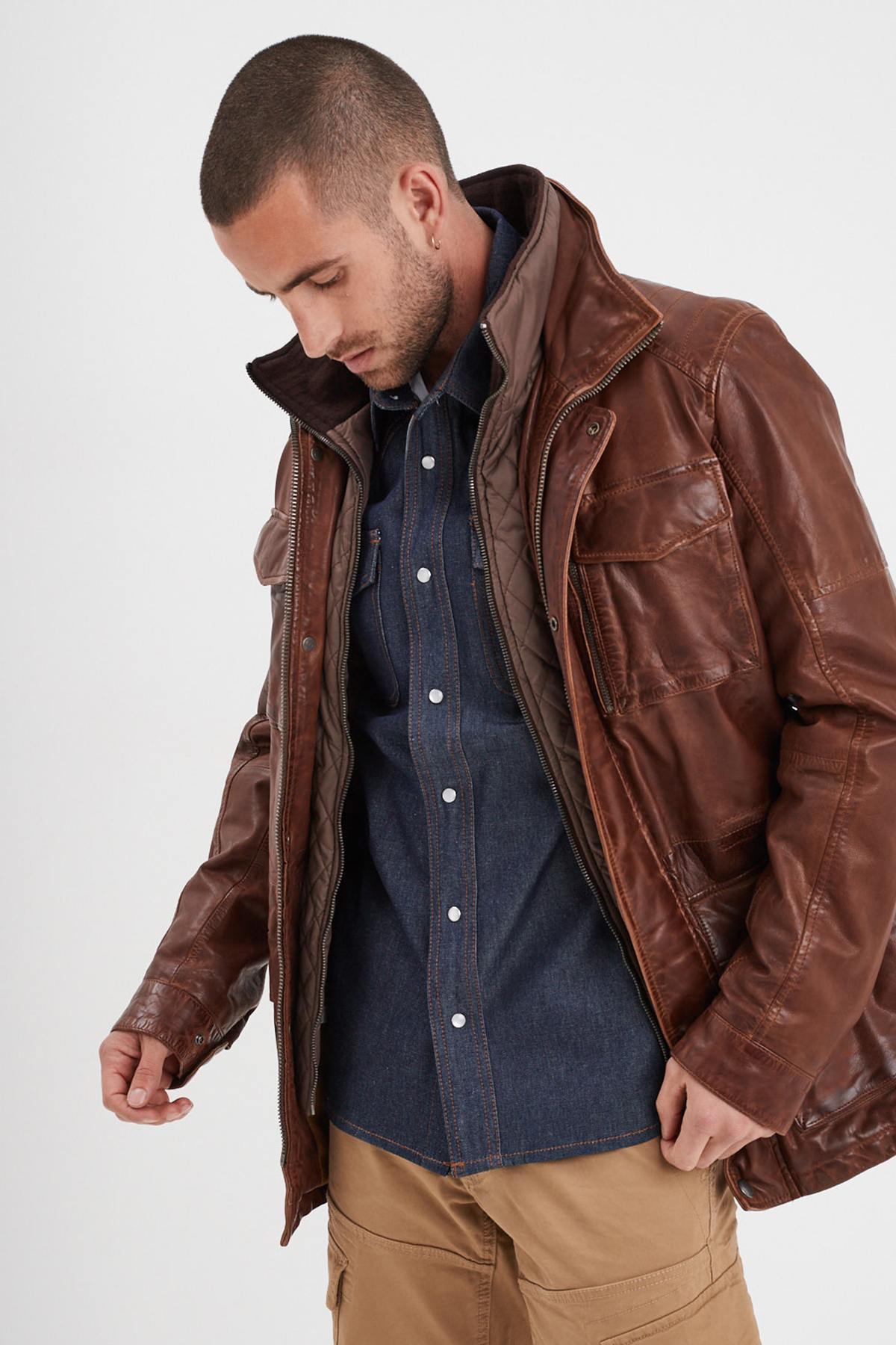 Bison stand-up collar leather jacket with removable facing - Image n°2