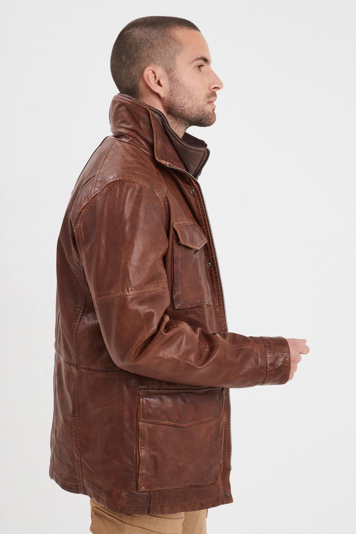 Bison stand-up collar leather jacket with removable facing - Image n°3