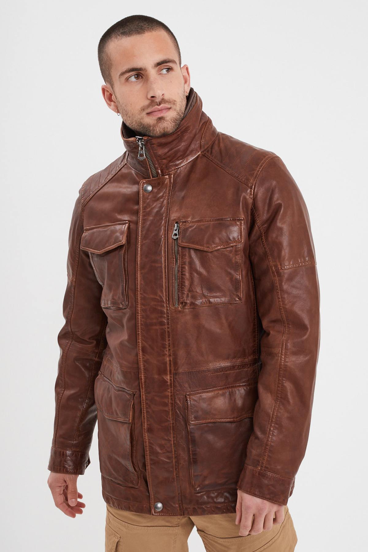 Bison stand-up collar leather jacket with removable facing - Image n°1