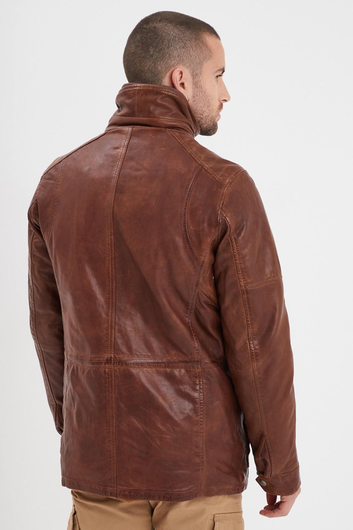 Bison stand-up collar leather jacket with removable facing - Image n°4