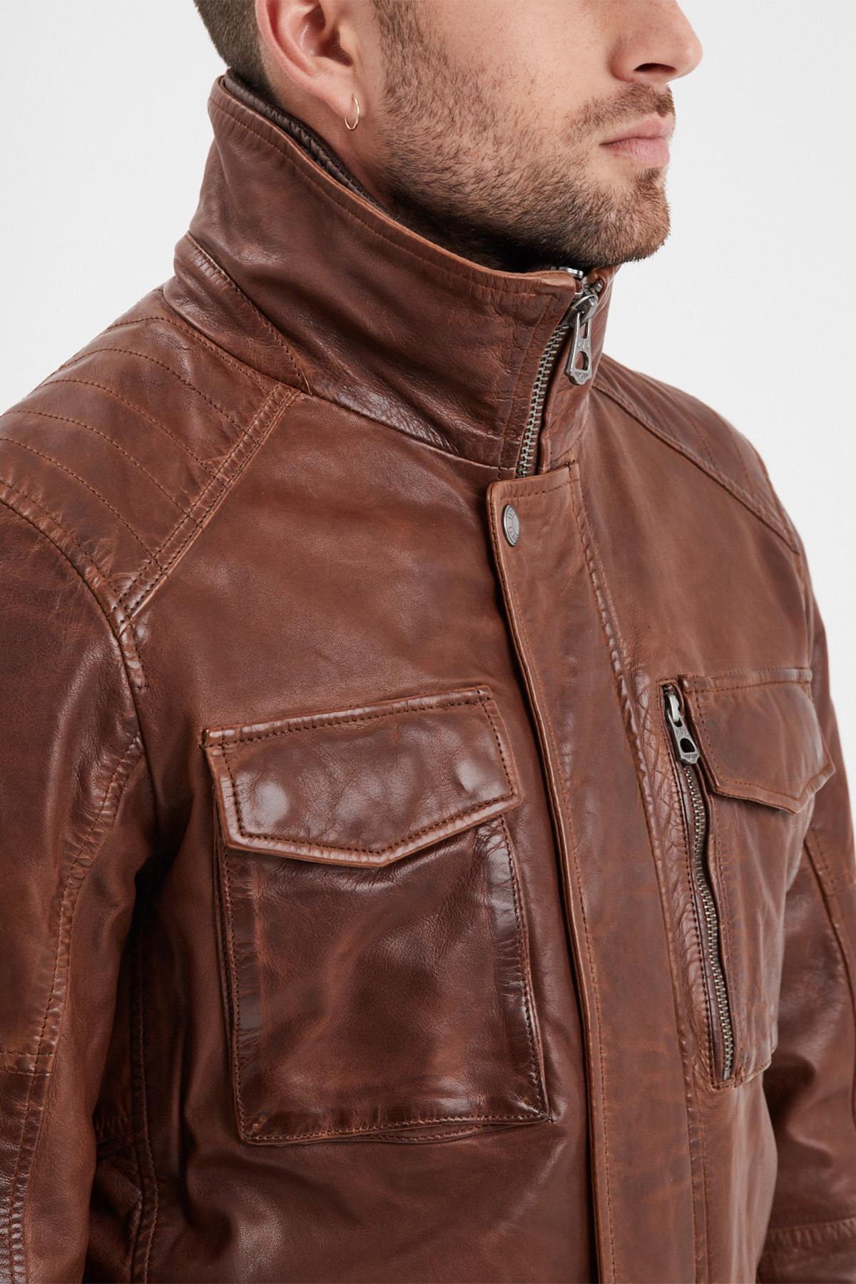 Bison stand-up collar leather jacket with removable facing - Image n°5