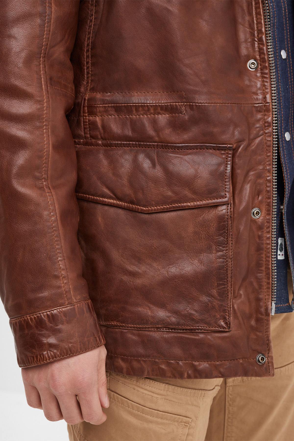 Bison stand-up collar leather jacket with removable facing - Image n°7