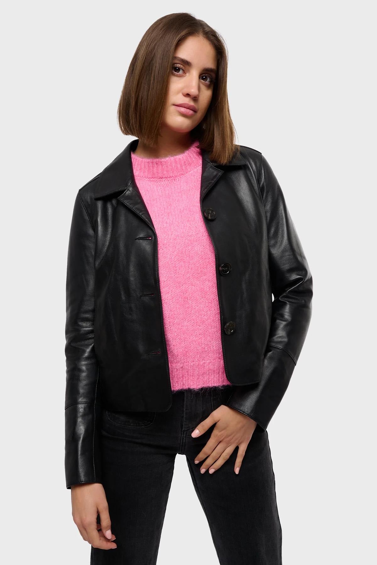 Black lightweight leather jacket with shirt collar - Image n°1