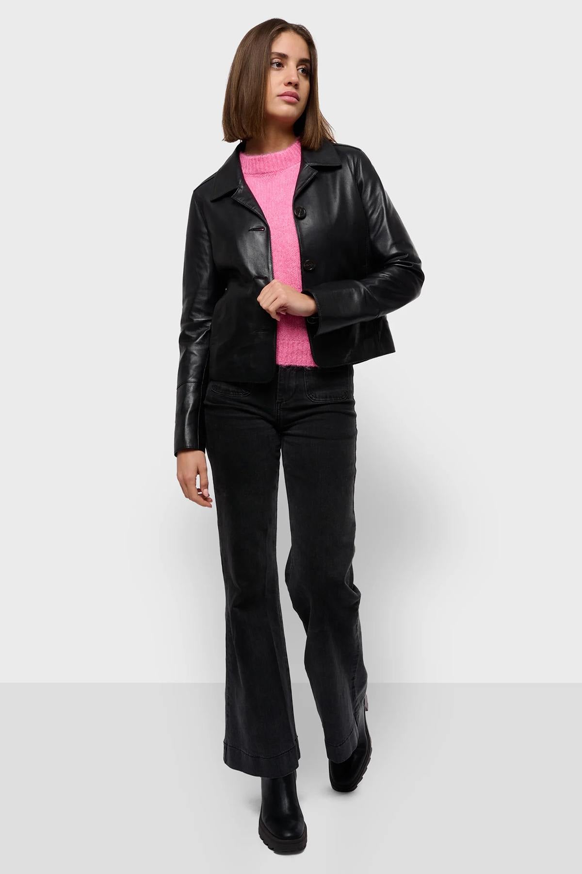 Black lightweight leather jacket with shirt collar - Image n°4