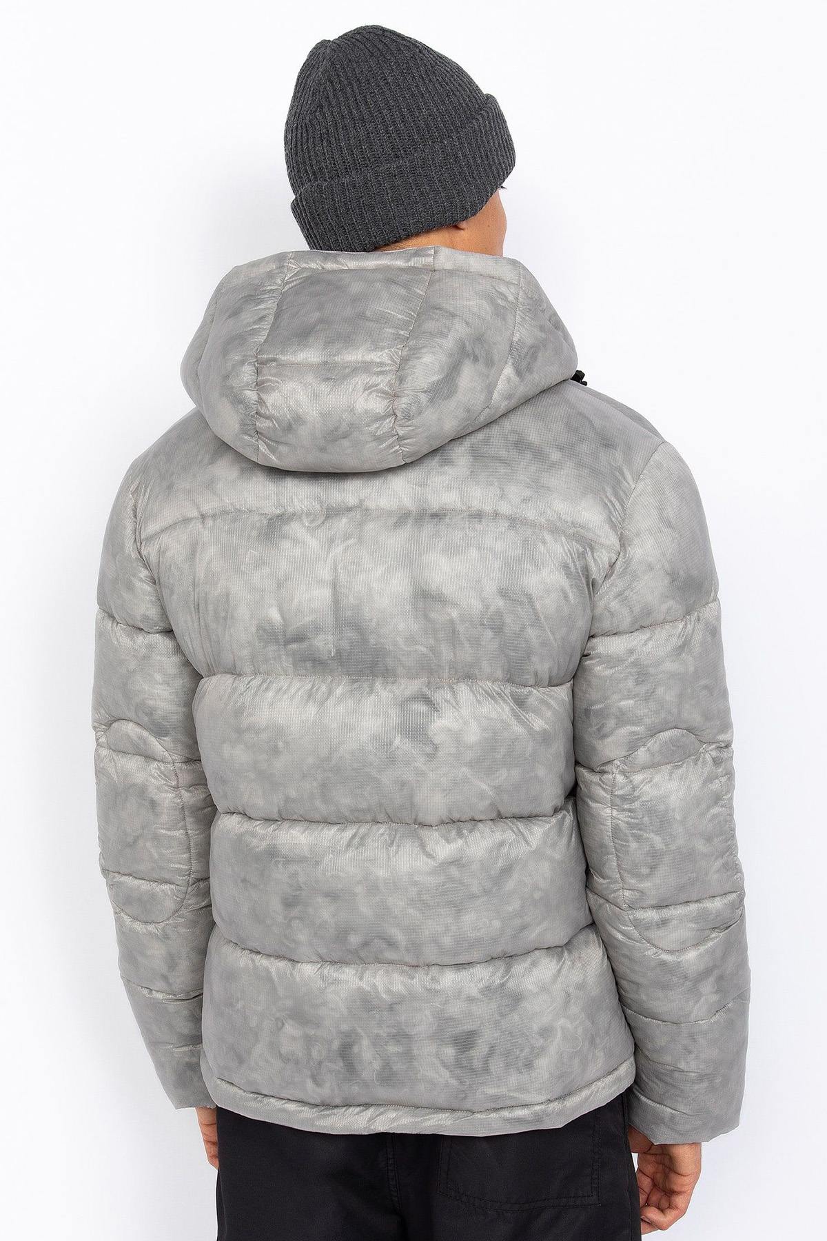 Light grey marble effect hooded down jacket - Image n°4