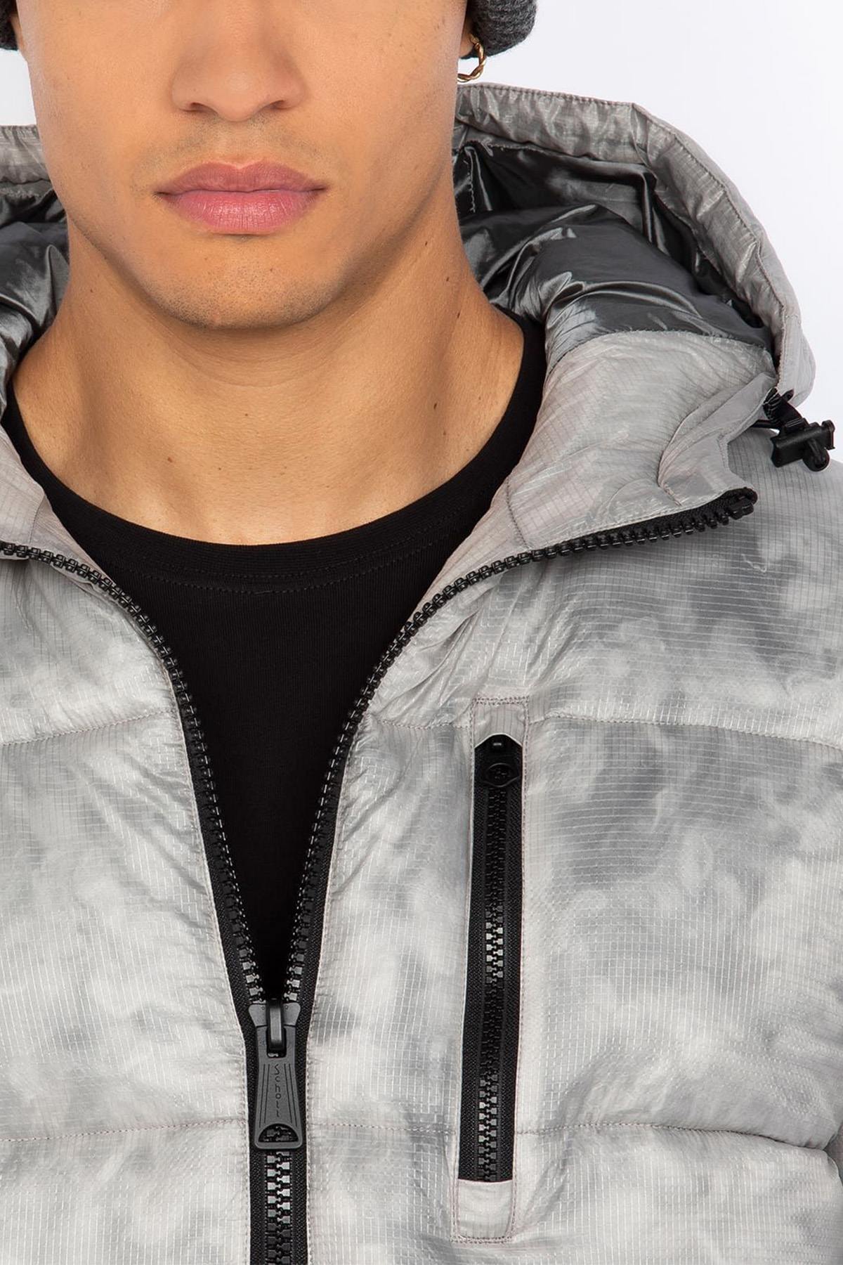 Light grey marble effect hooded down jacket - Image n°5