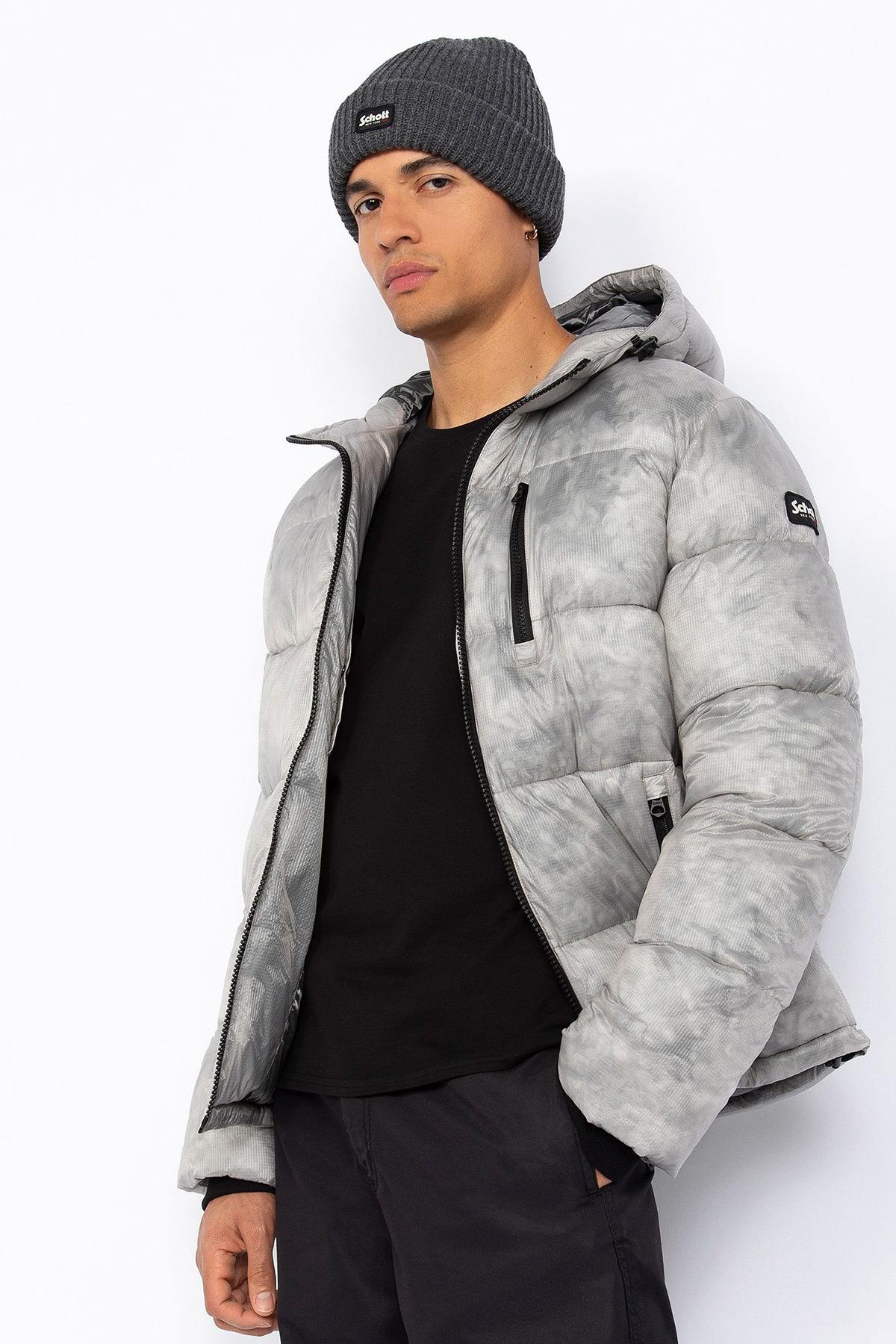 Light grey marble effect hooded down jacket - Image n°3