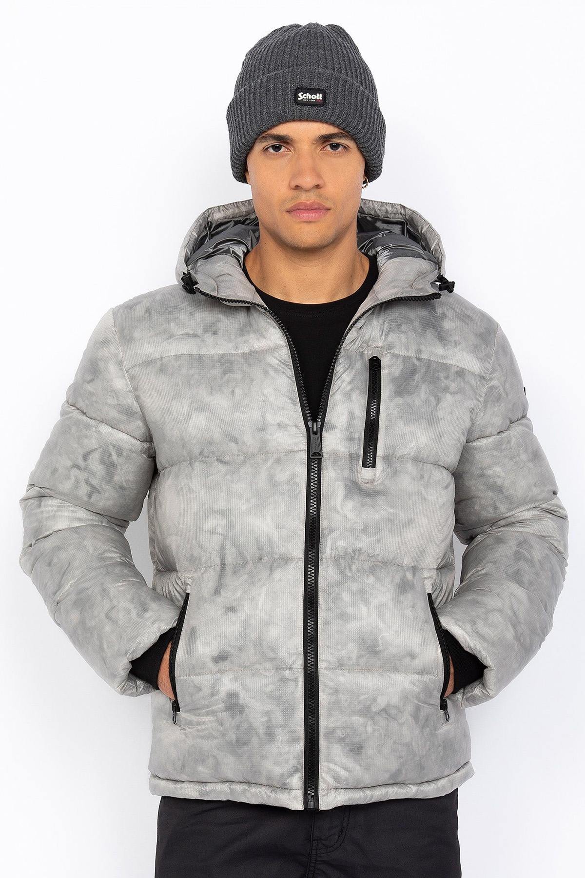 Light grey marble effect hooded down jacket - Image n°1