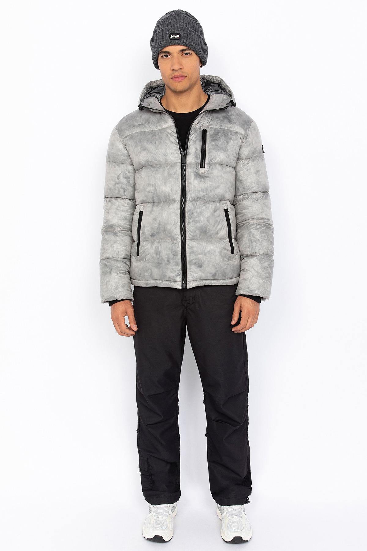 Light grey marble effect hooded down jacket - Image n°10