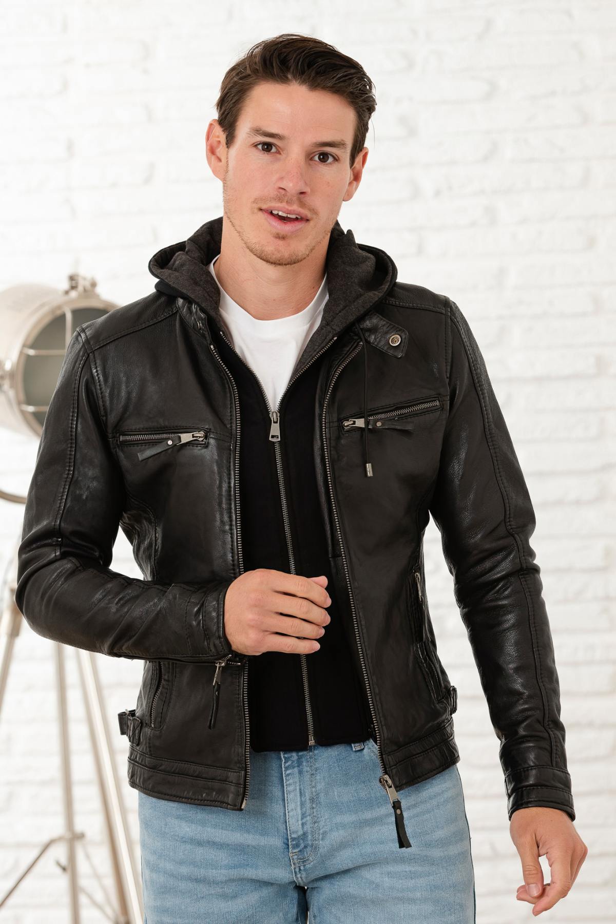 Black Leather Jacket with Hooded Skinny Fit - Image n°1