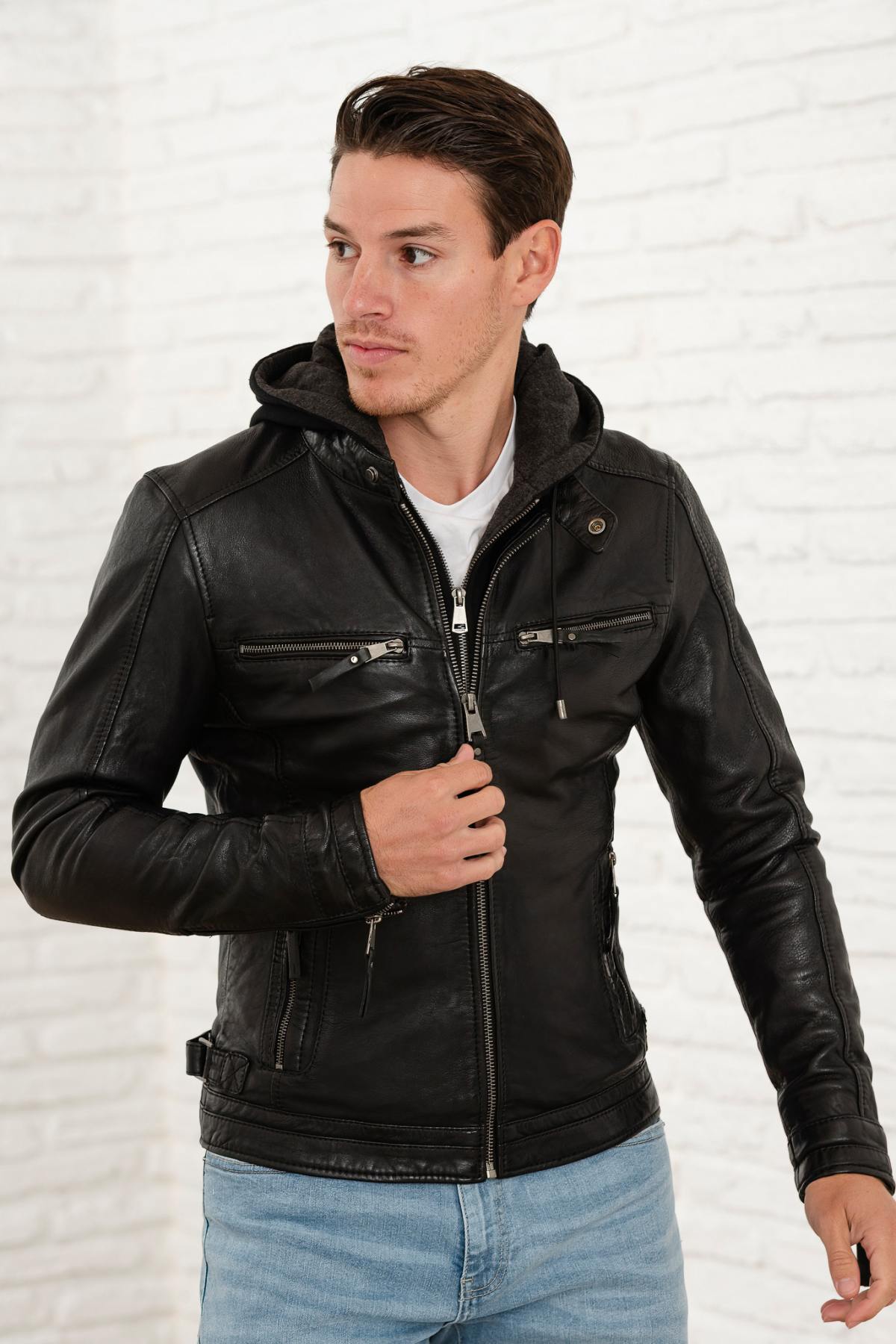 Black Leather Jacket with Hooded Skinny Fit - Image n°3