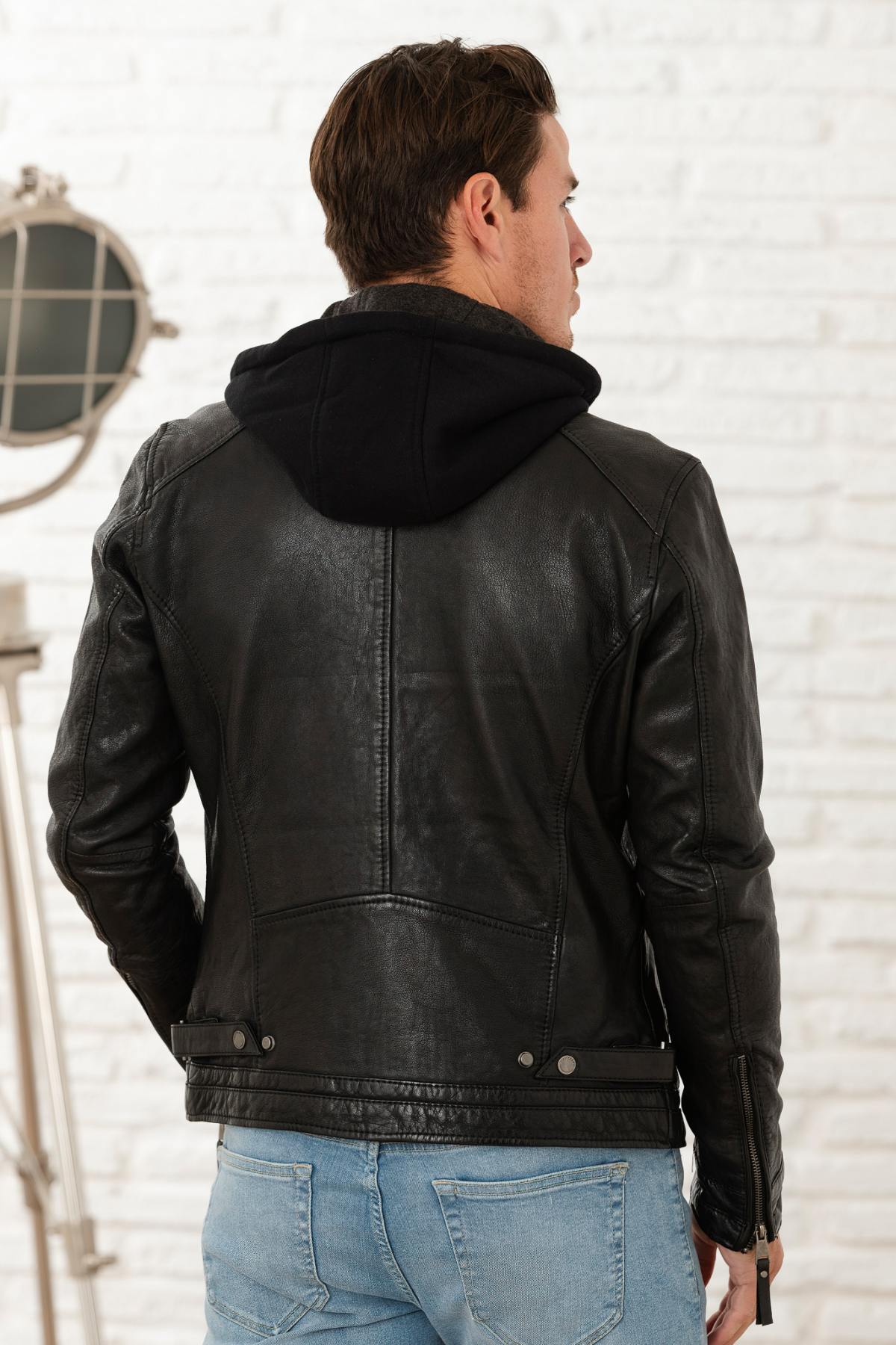 Black Leather Jacket with Hooded Skinny Fit - Image n°4