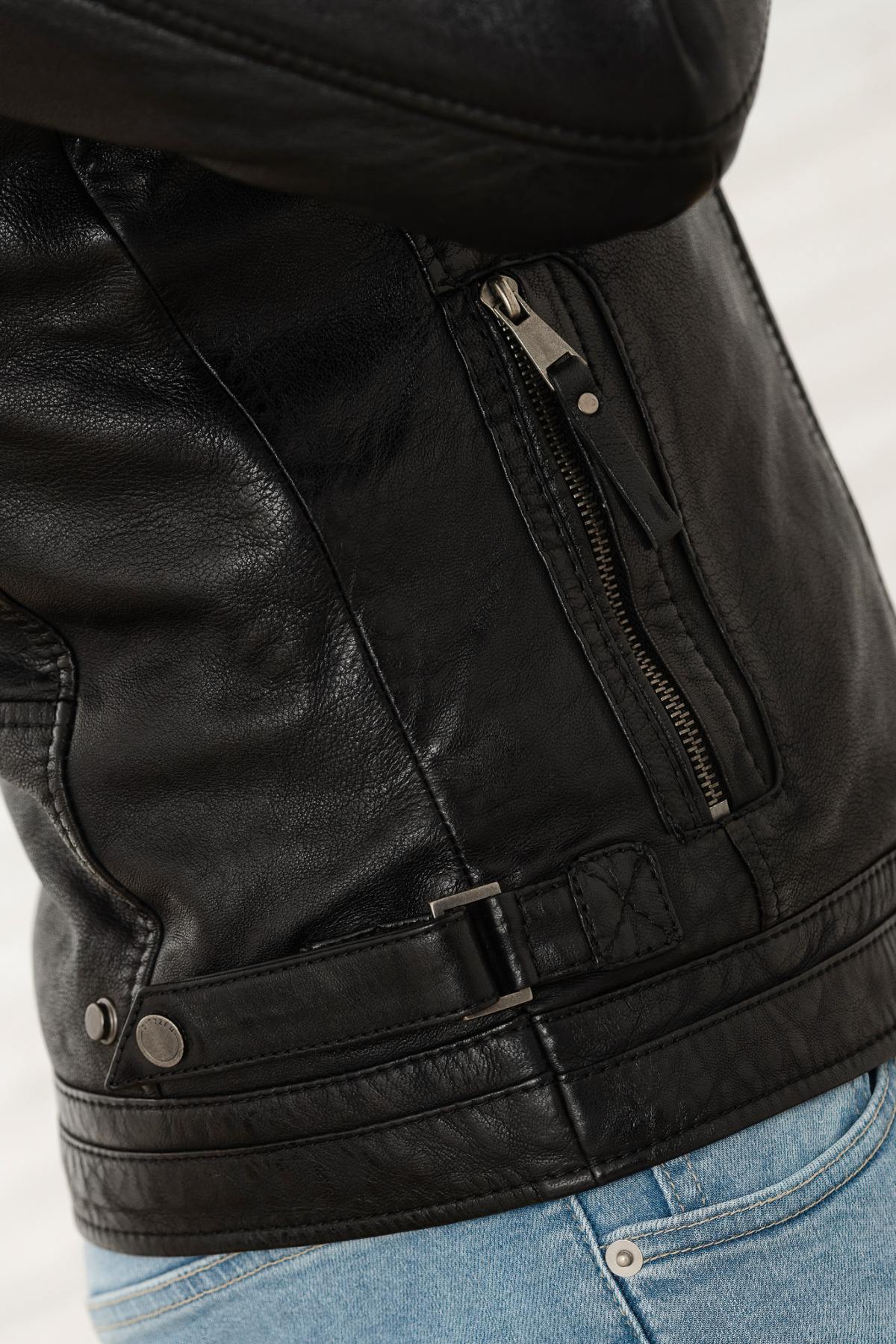 Black Leather Jacket with Hooded Skinny Fit - Image n°8