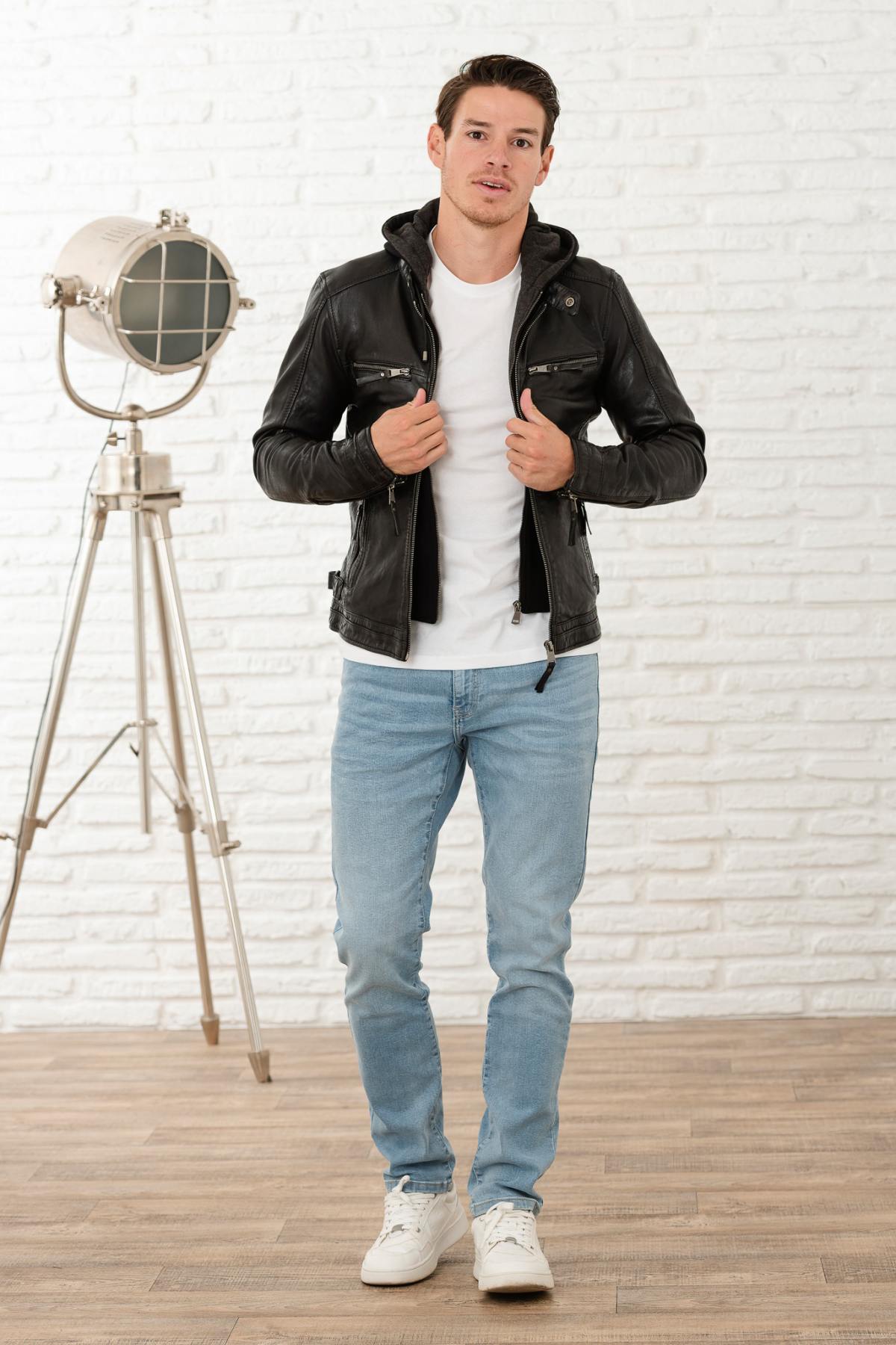 Black Leather Jacket with Hooded Skinny Fit - Image n°6