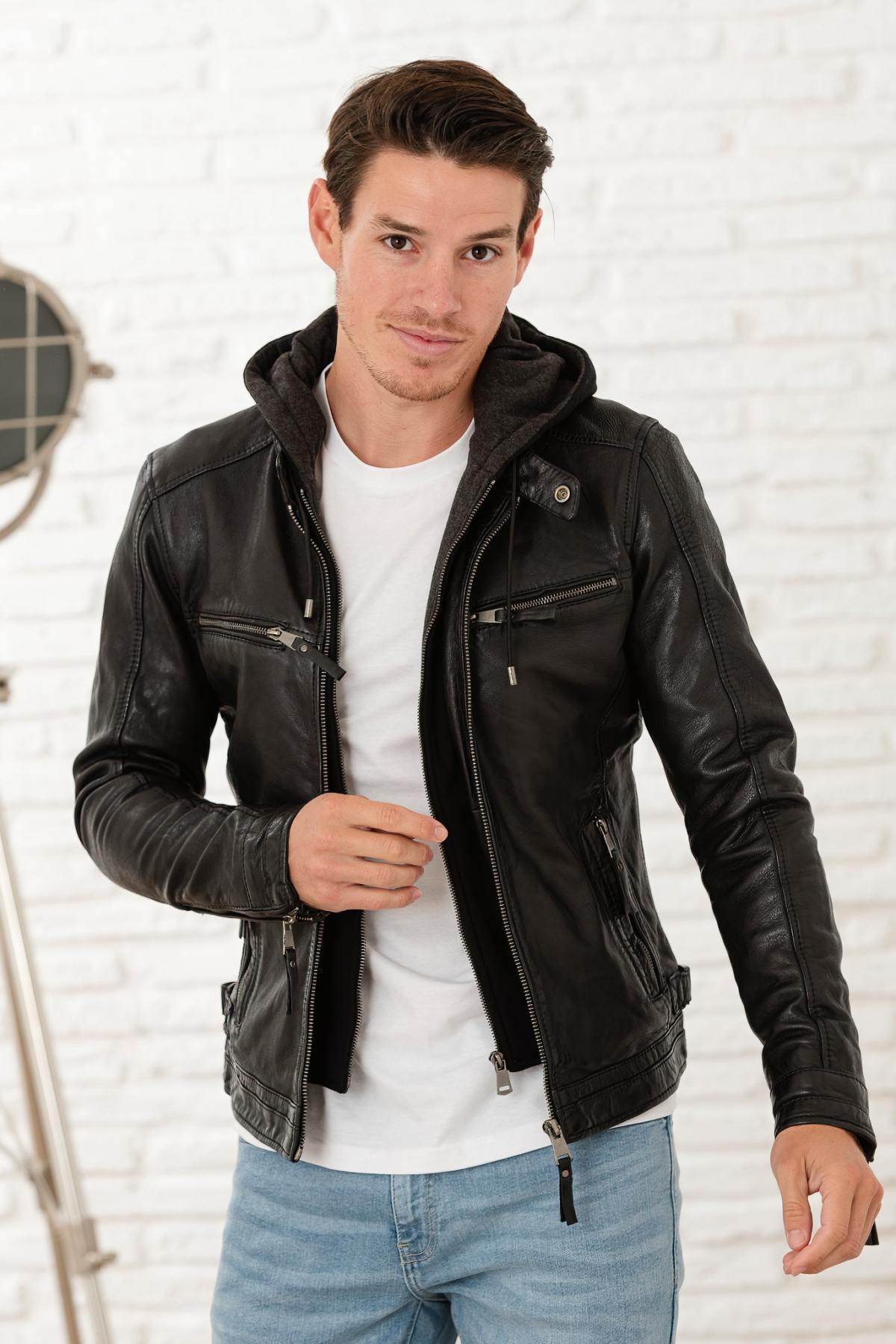 Black Leather Jacket with Hooded Skinny Fit - Image n°9