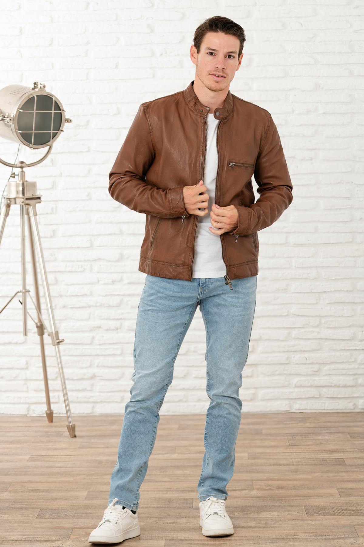 Tan color biker collar leather jacket - Image n°11