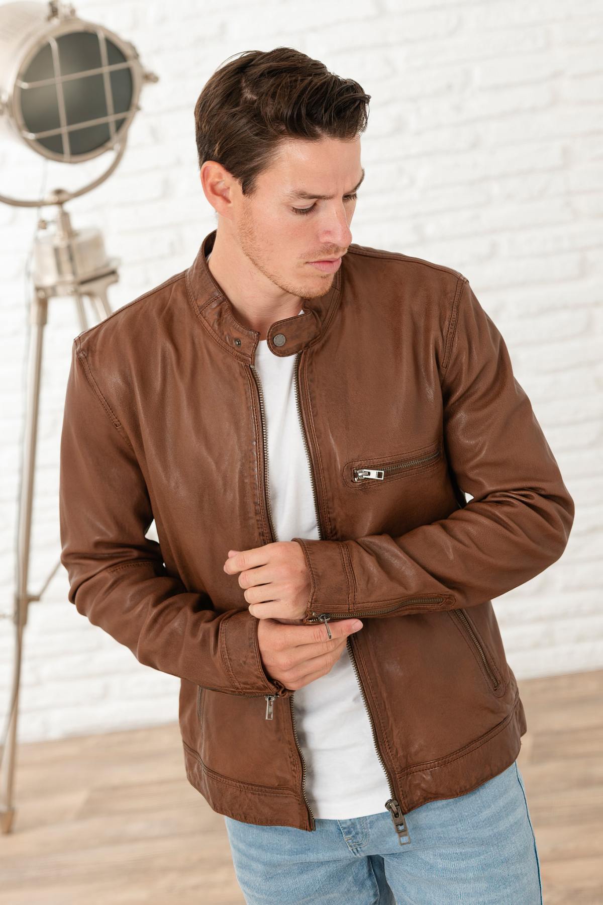 Tan color biker collar leather jacket - Image n°1