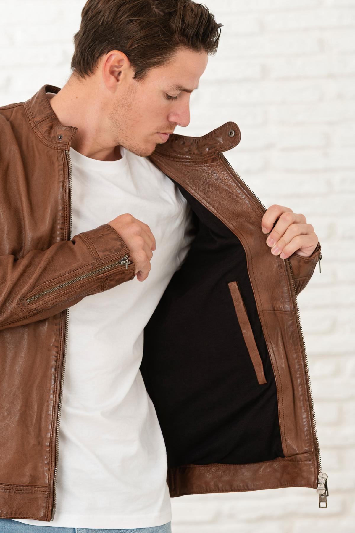 Tan color biker collar leather jacket - Image n°4