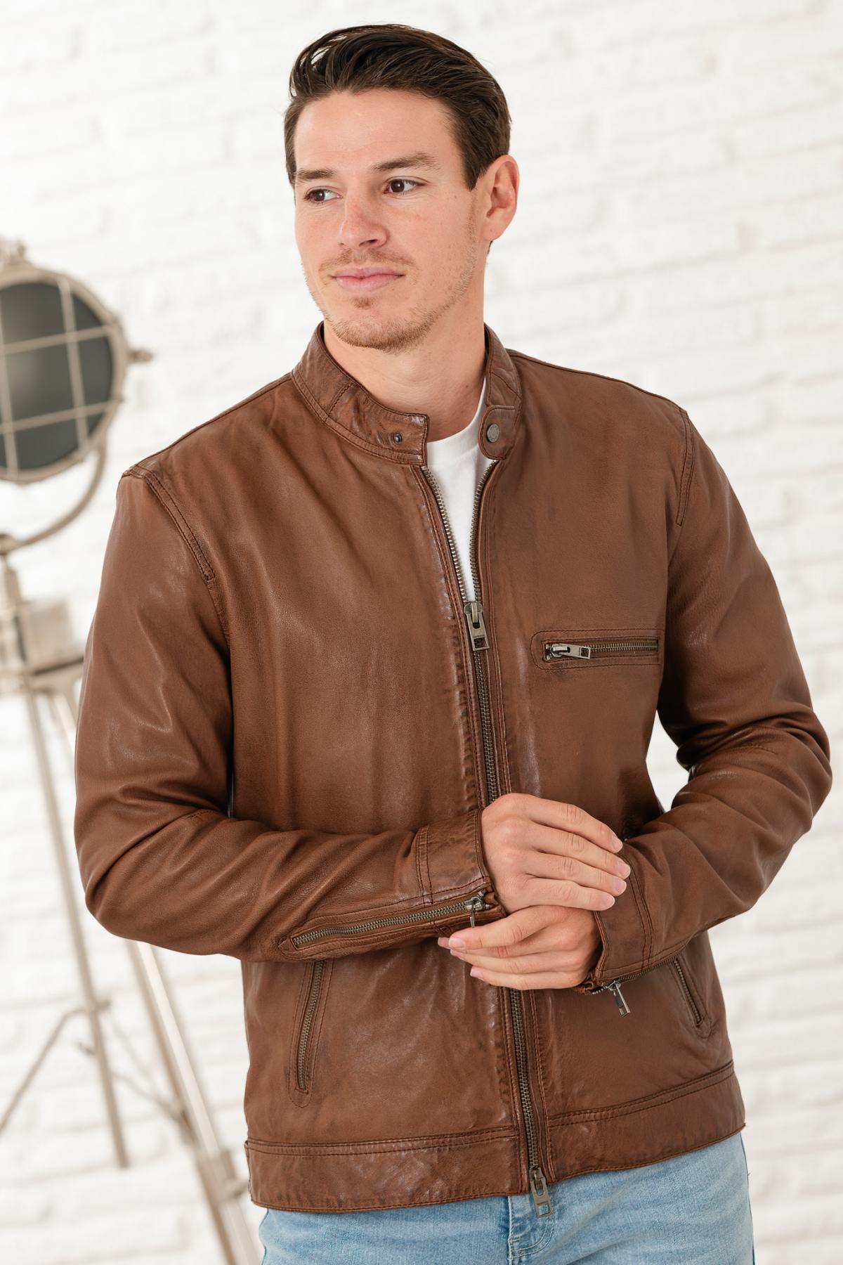 Tan color biker collar leather jacket - Image n°12