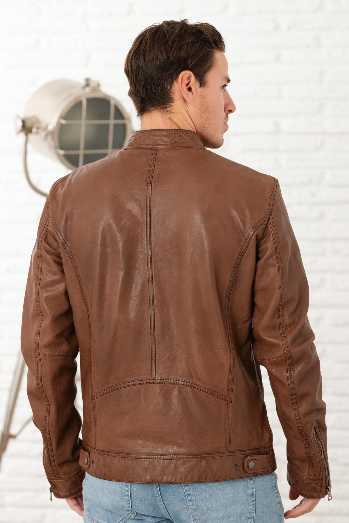 Tan color biker collar leather jacket - Image n°2