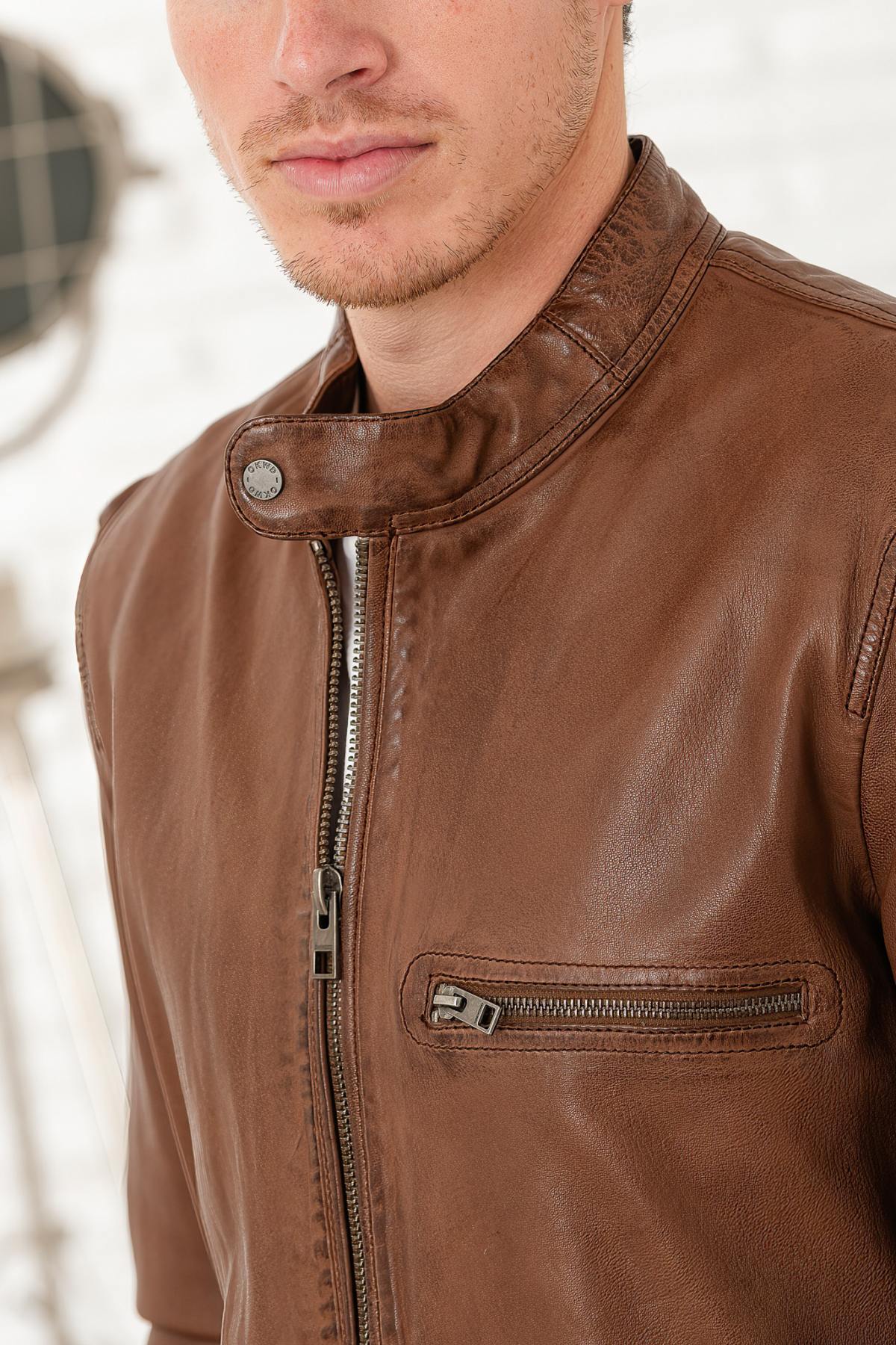 Tan color biker collar leather jacket - Image n°3