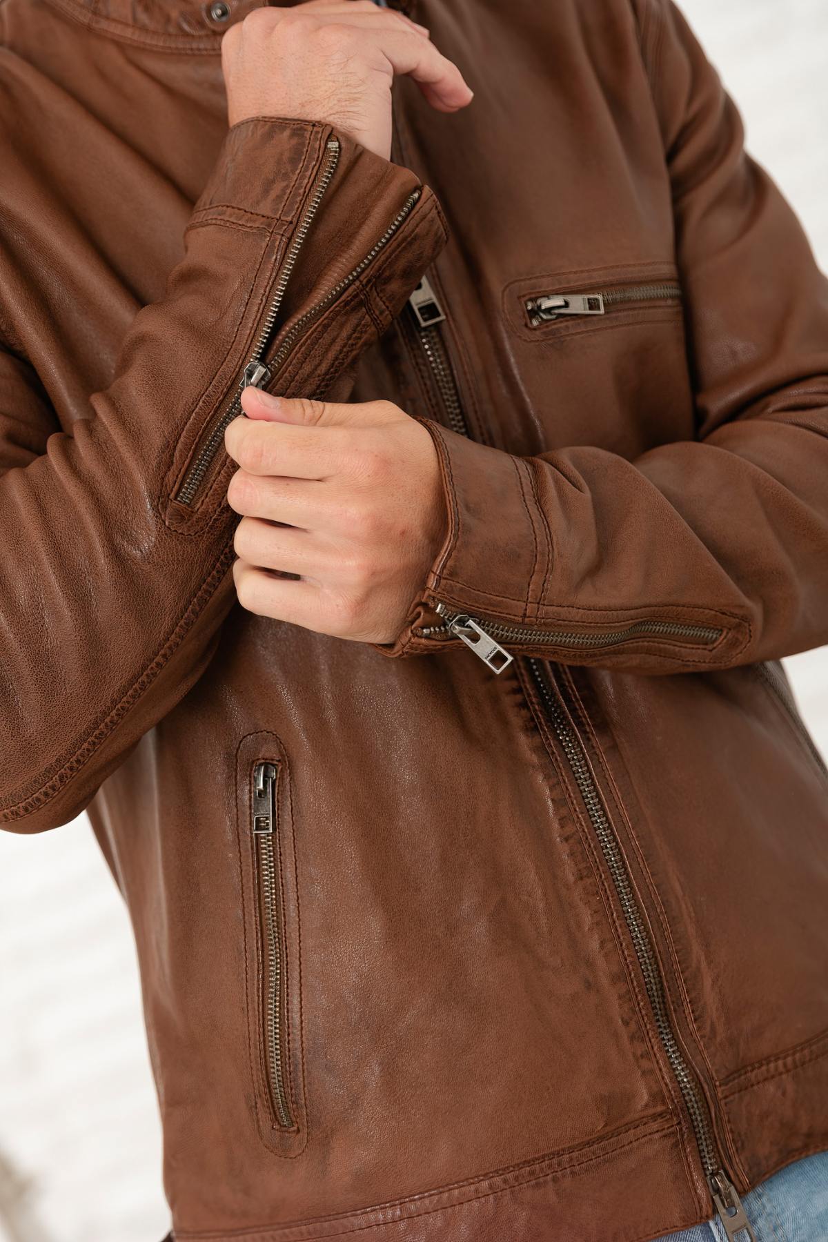 Tan color biker collar leather jacket - Image n°13