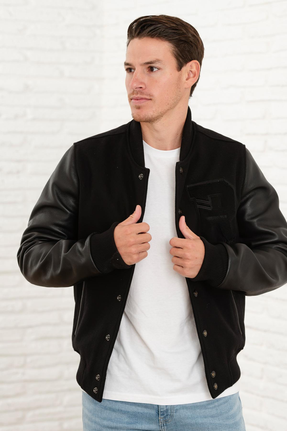 Black leather varsity teddy - Image n°1