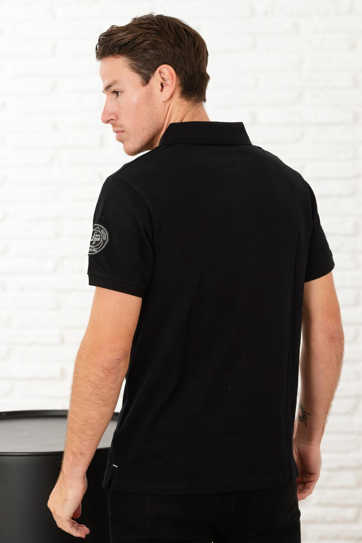 Black cotton polo shirt with white patches - Image n°2