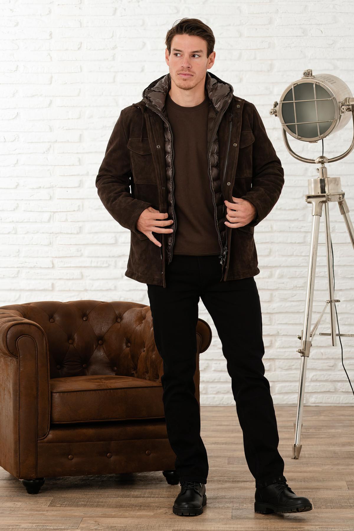 Mocha suede leather jacket with removable down jacket facing - Image n°7