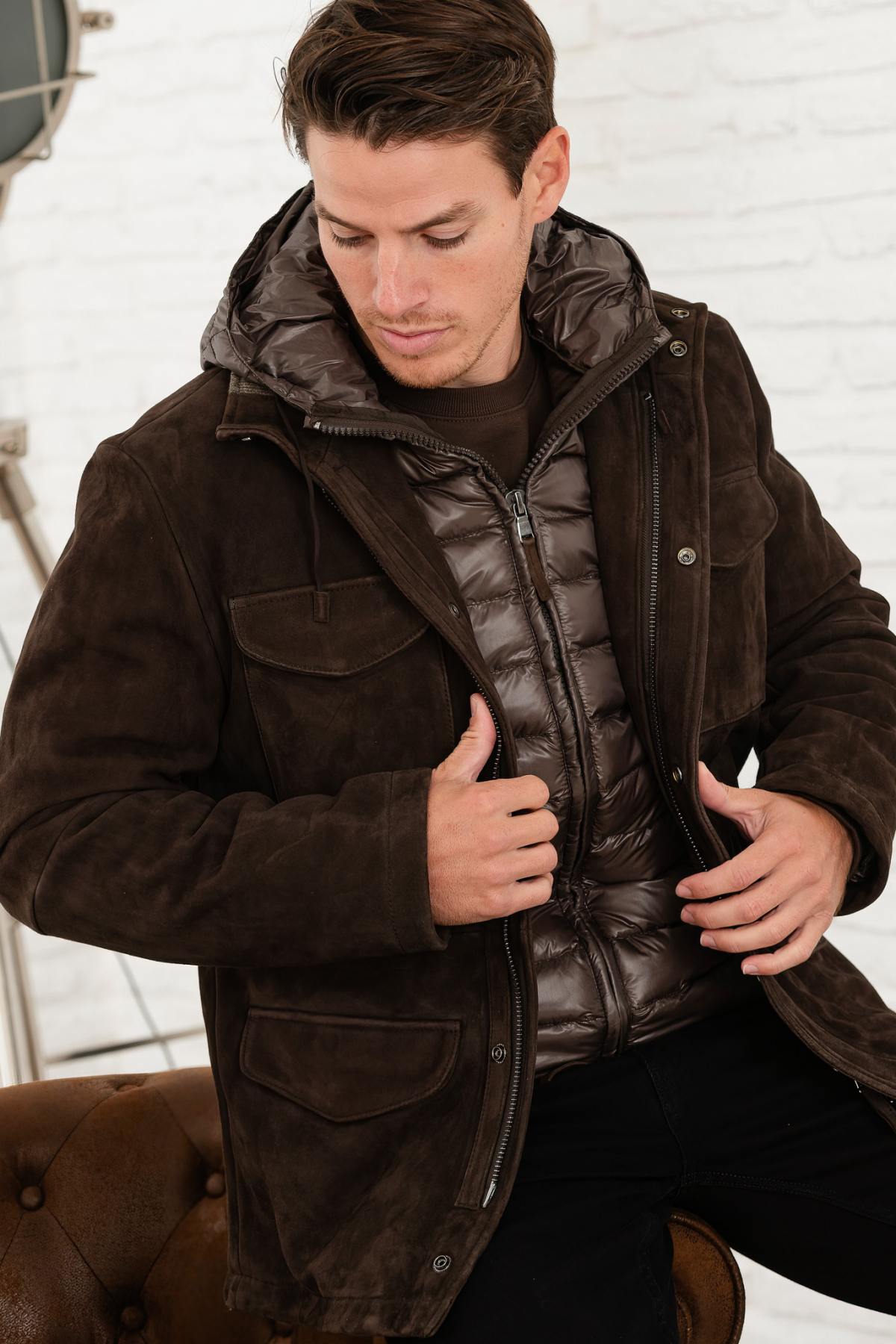 Mocha suede leather jacket with removable down jacket facing - Image n°1