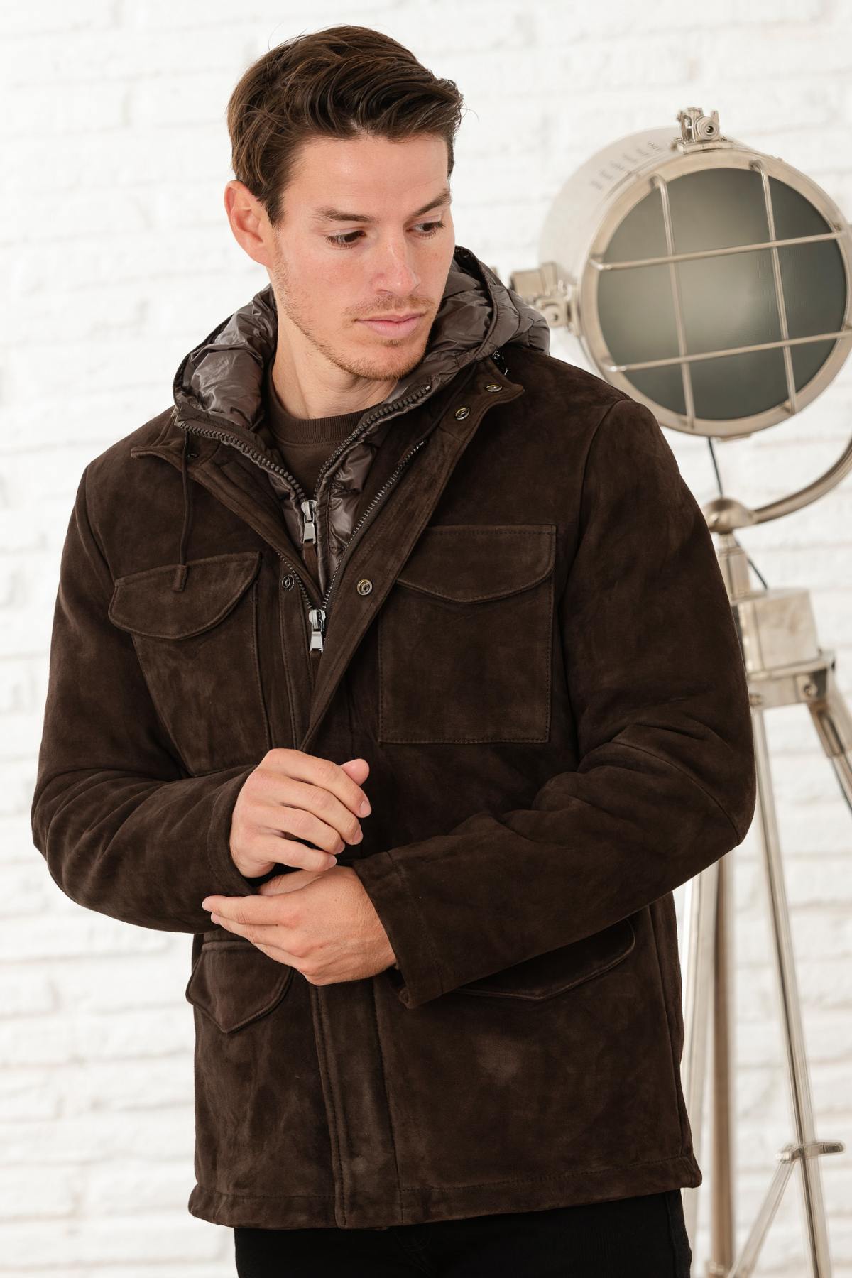 Mocha suede leather jacket with removable down jacket facing - Image n°2