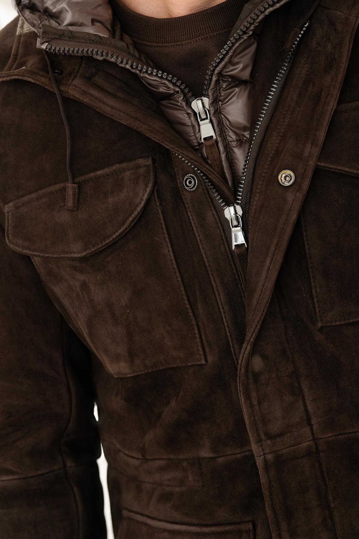 Mocha suede leather jacket with removable down jacket facing - Image n°4