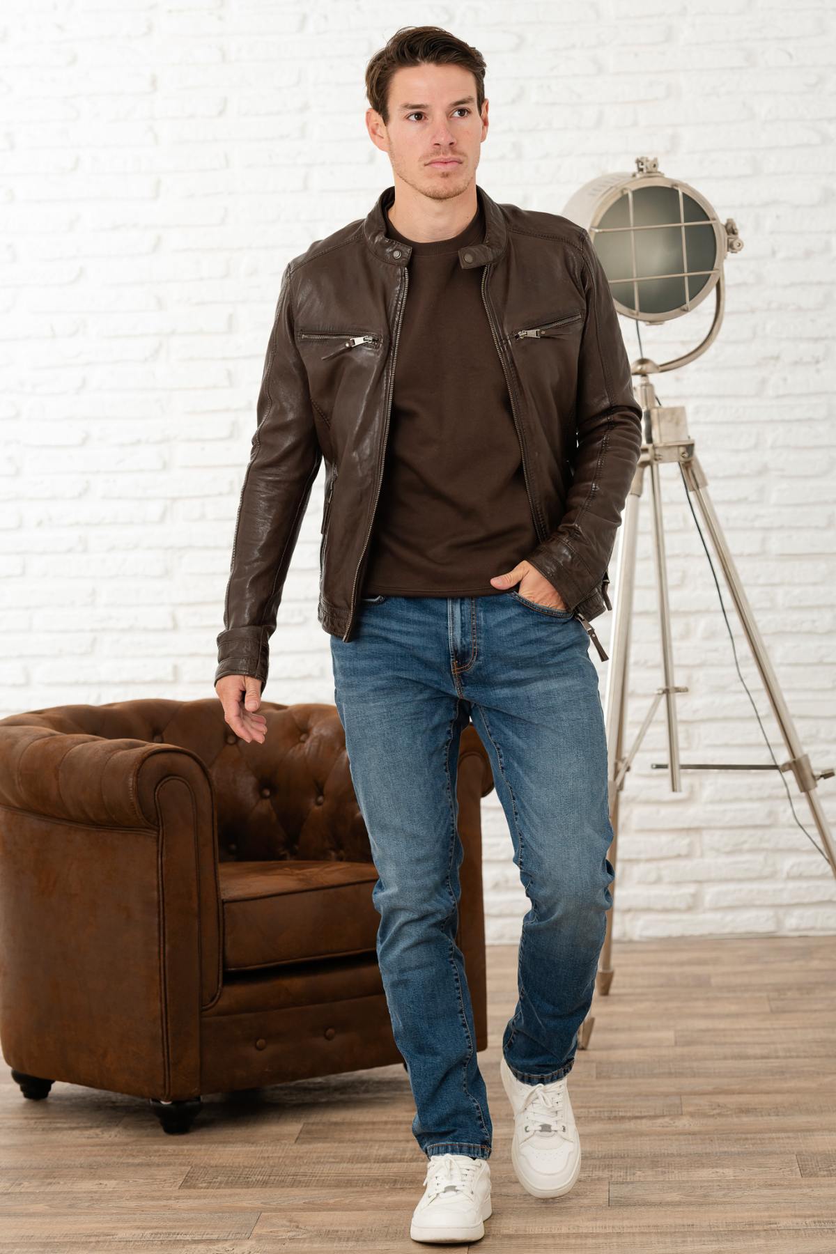 Brown vegetable sheepskin leather jacket - Image n°6